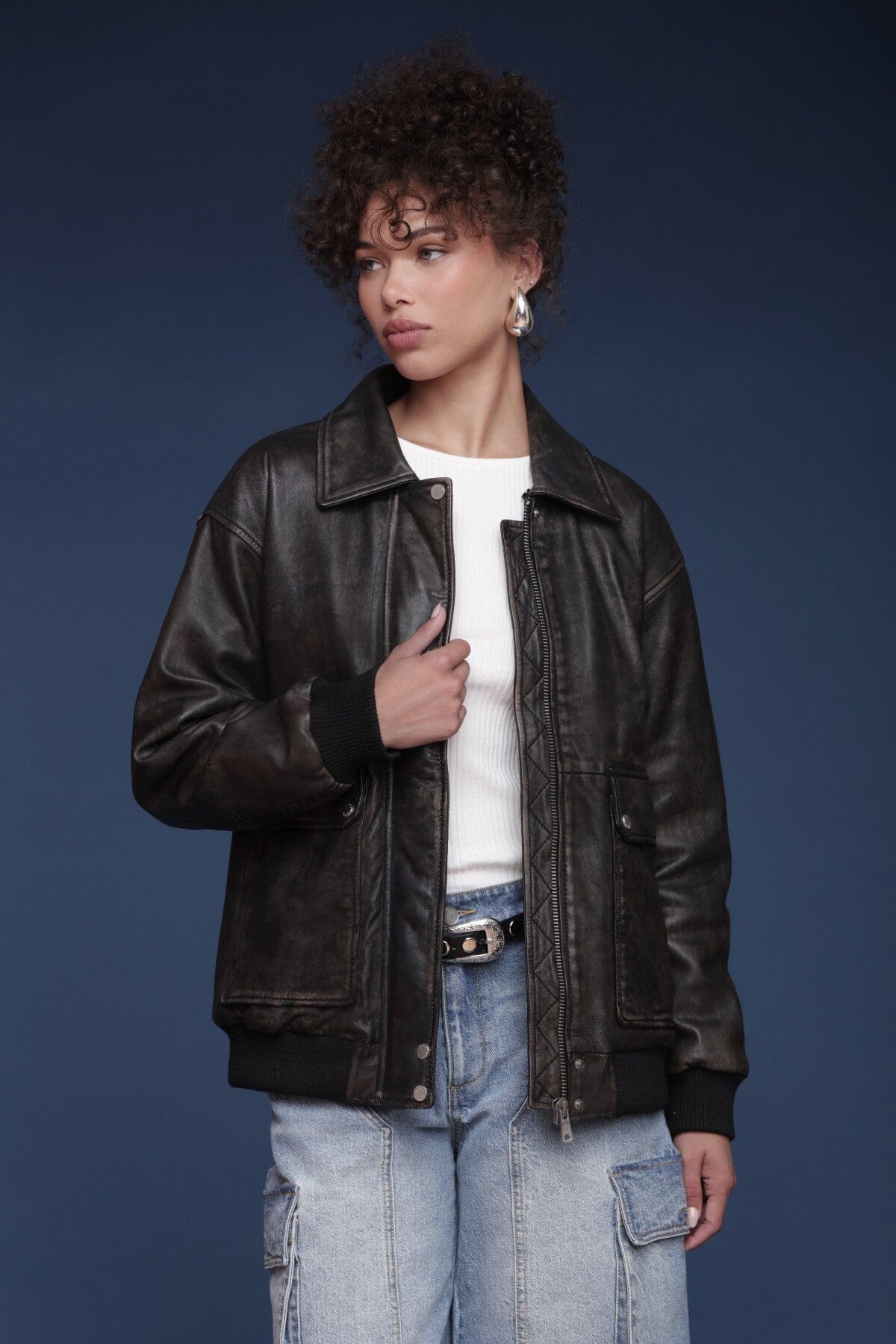 Shearling collared genuine leather black bomber jacket with zip-front closure and flap pockets - Shop women's jackets by Avec Les Filles