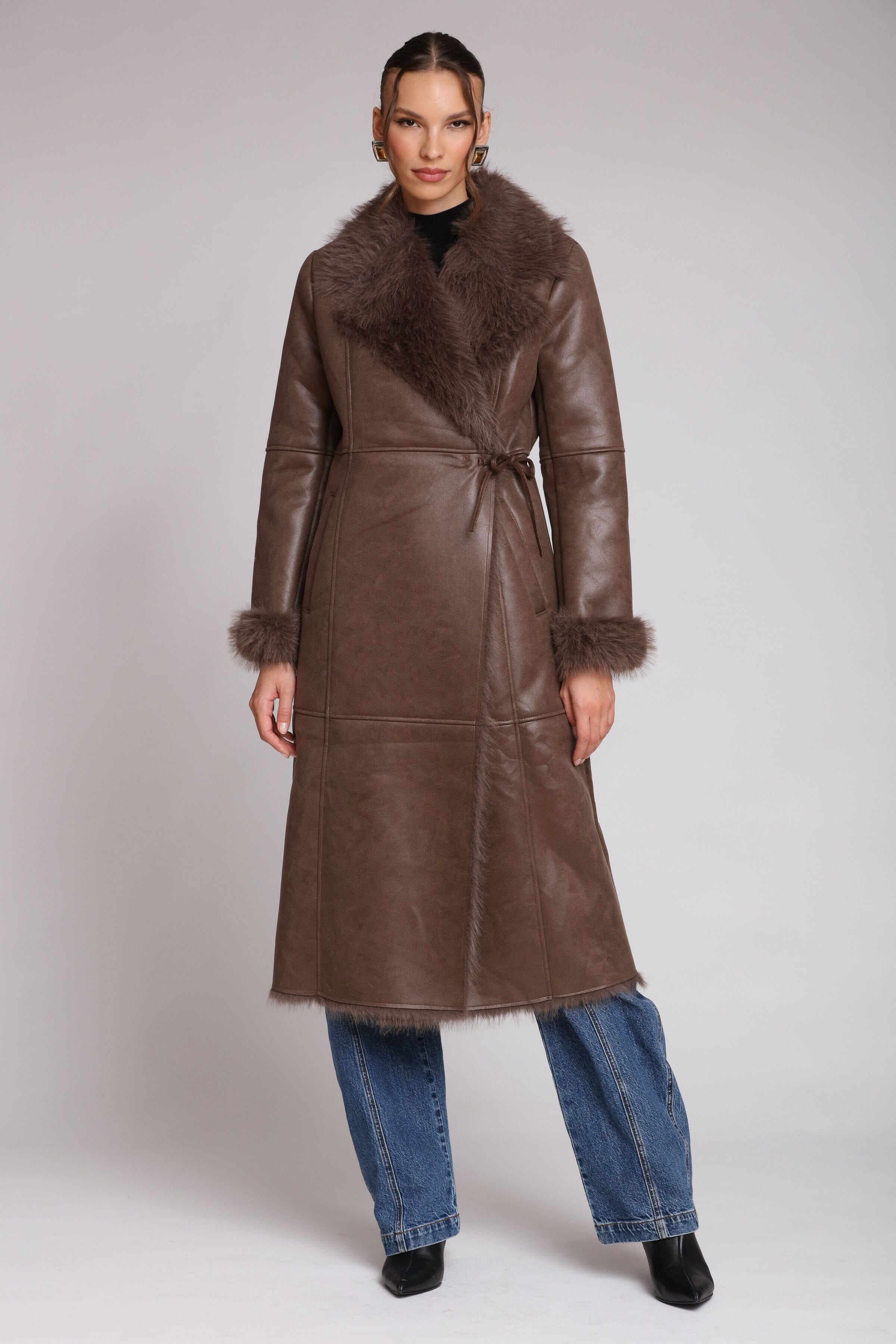 Faux Shearling Midi Wrap Coat Coats & Jackets Avec Les Filles Chocolate Brown XS