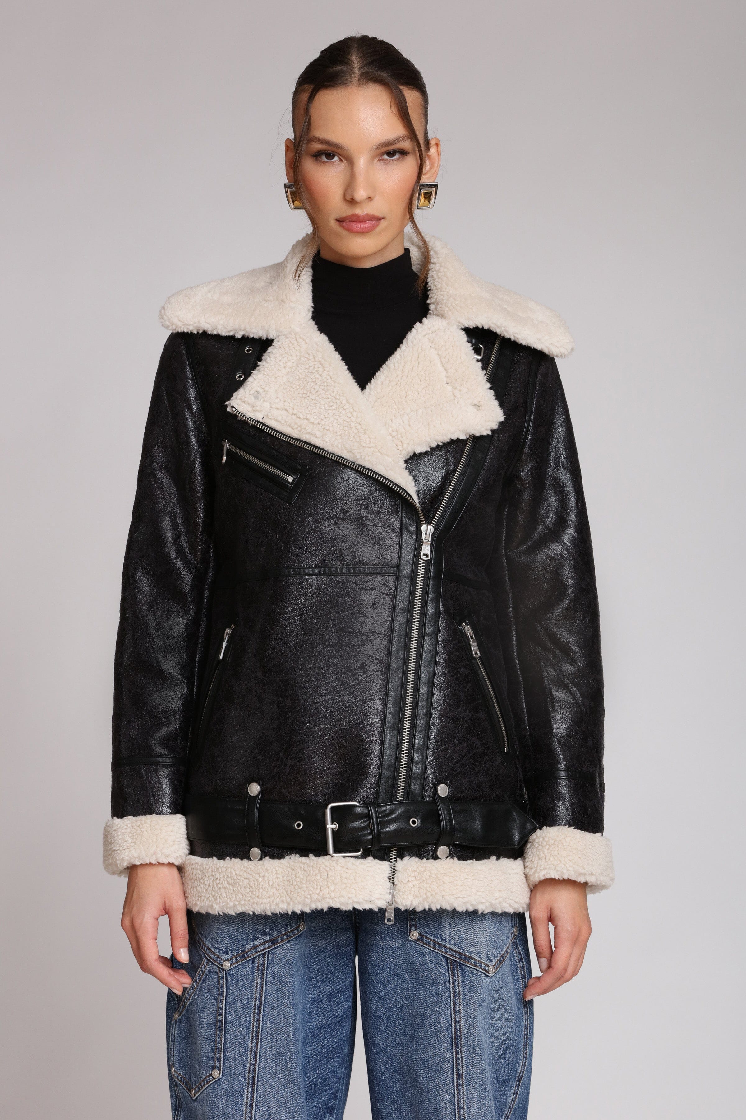 Faux Shearling Biker Coat Coats & Jackets Avec Les Filles Black/Cream XS