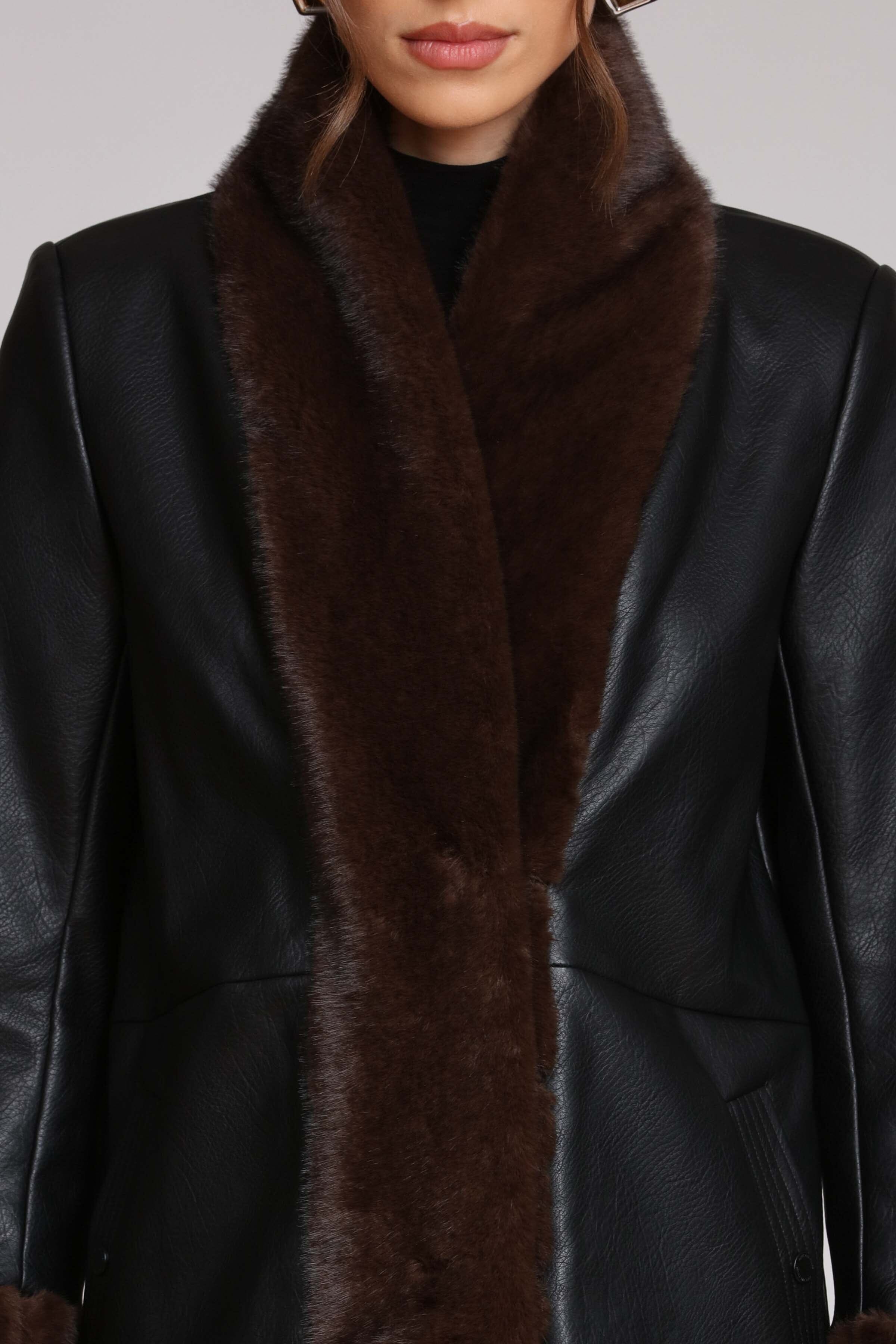 Brown fur-trimmed faux leather black jacket with open-front design, hook-and-eye closure, and side welt pockets - Shop designer women’s jackets by Avec Les Filles