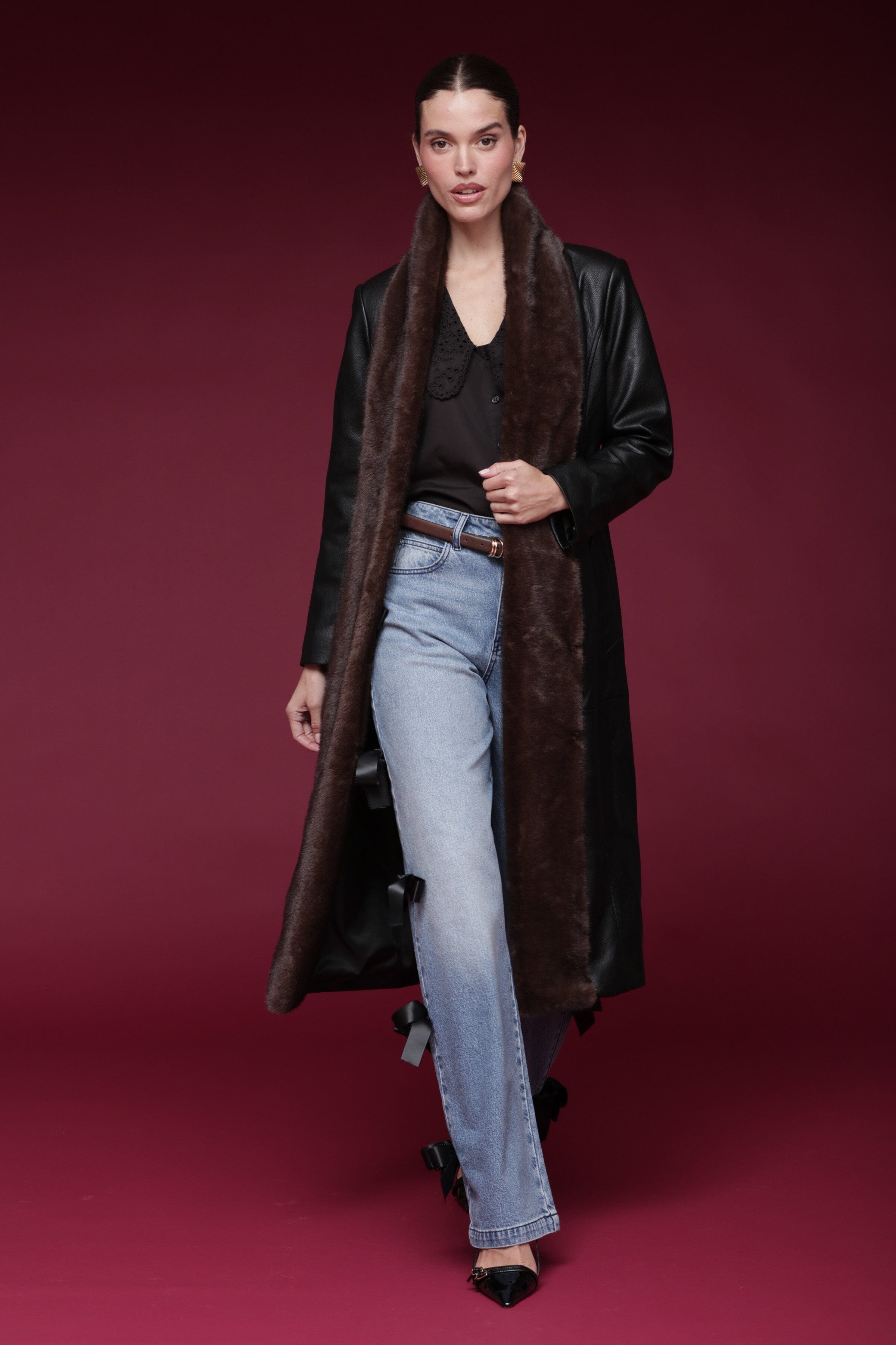 Fur-trimmed faux leather black wrap coat with a wide faux fur shawl collar, self-tie belt, and side pockets - Shop designer long wrap coats by Avec Les Filles
