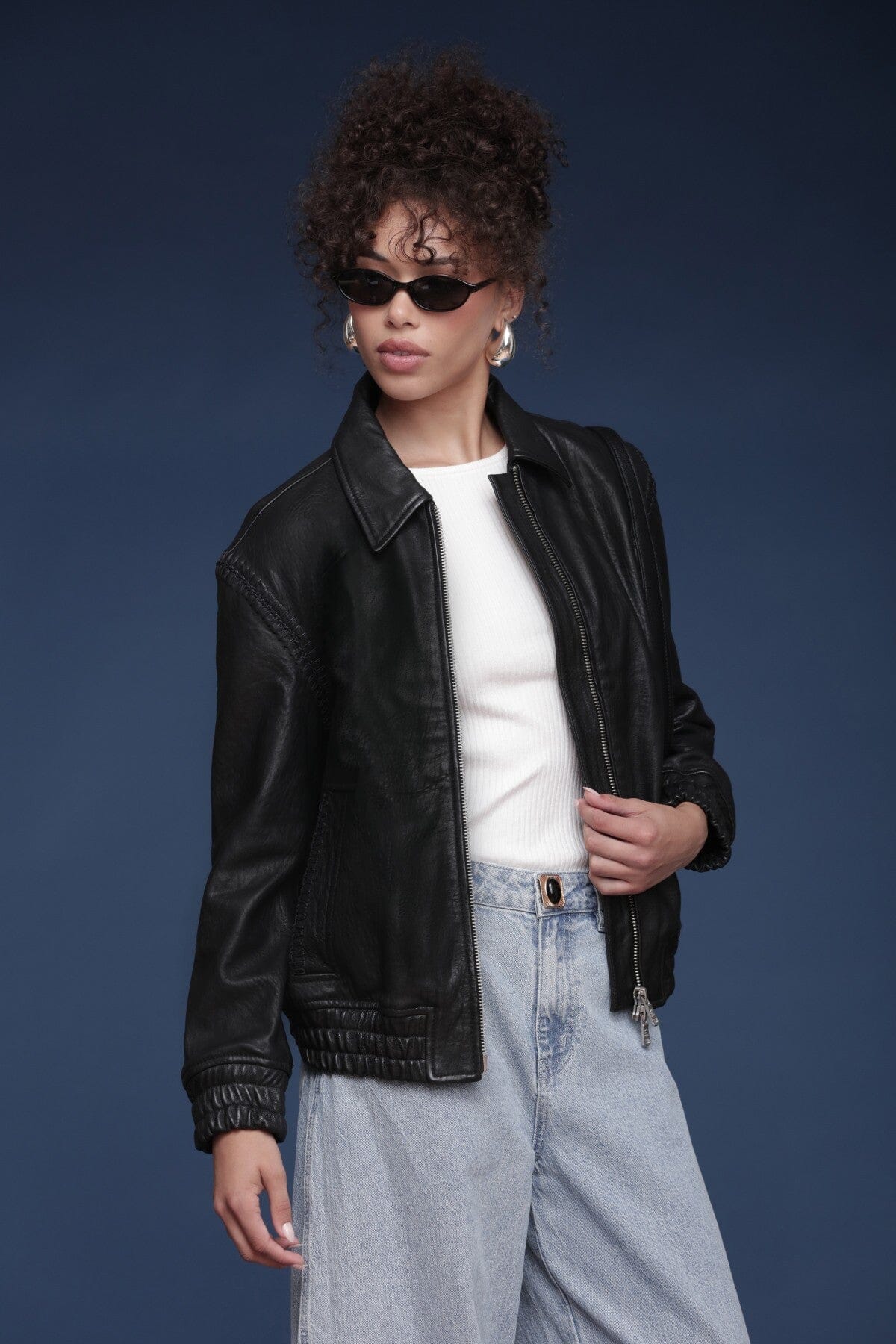 Genuine leather aviator black bomber jacket with point collar and zip-front closure - Shop designer jackets by Avec Les Filles