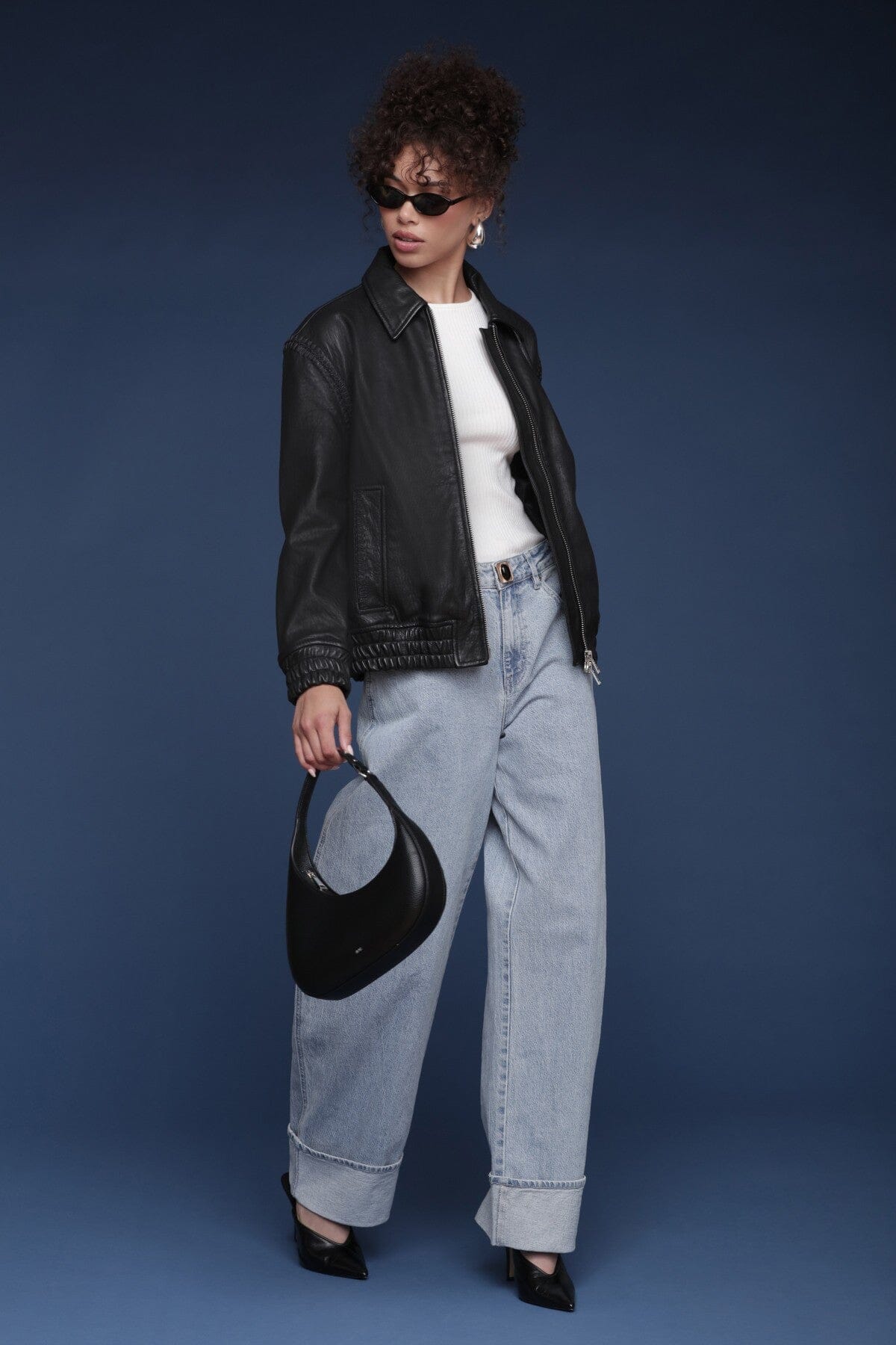 Genuine leather aviator black bomber jacket with point collar and zip-front closure - Shop designer jackets by Avec Les Filles