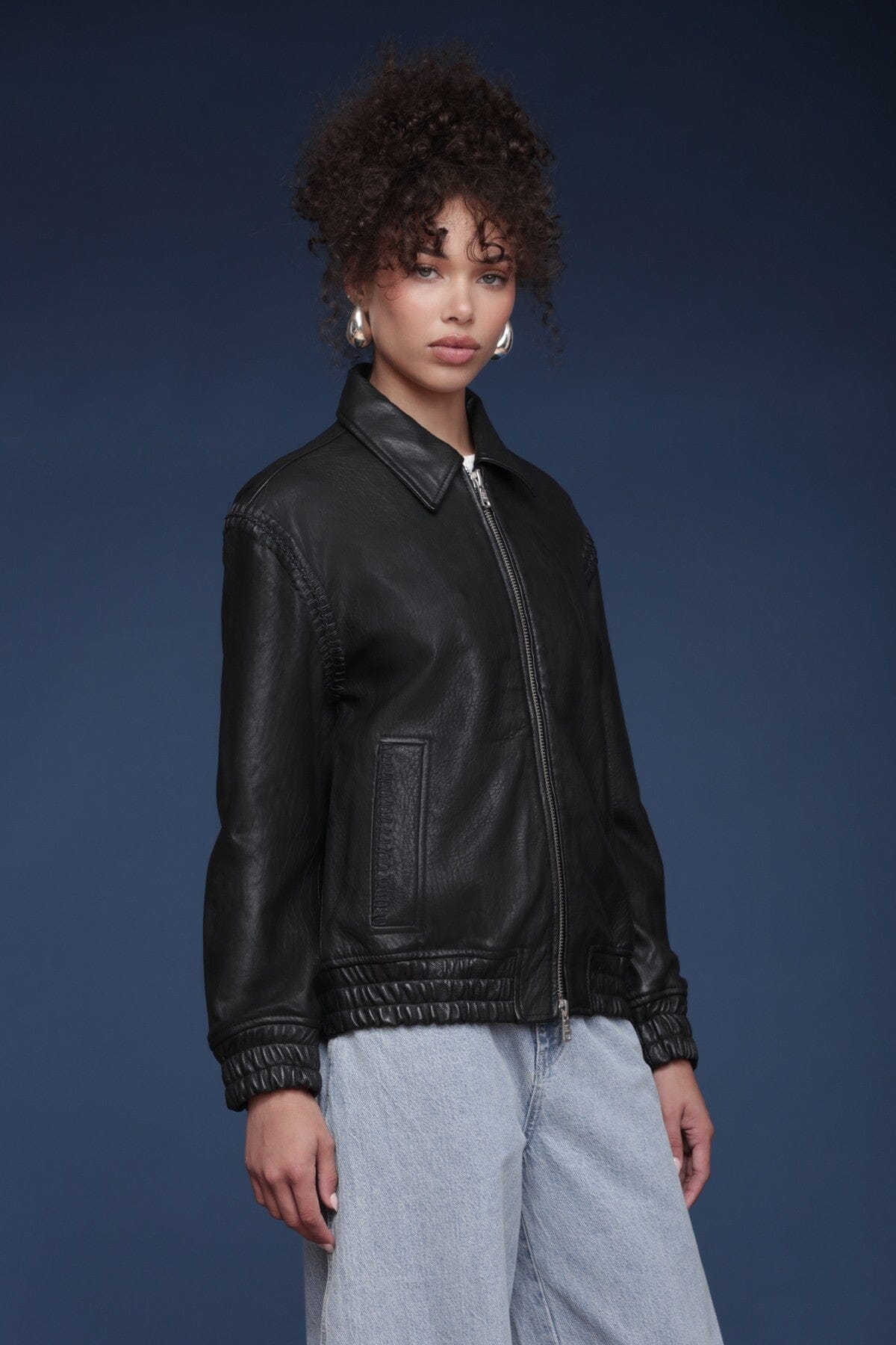 Genuine leather aviator black bomber jacket with point collar and zip-front closure - Shop designer jackets by Avec Les Filles