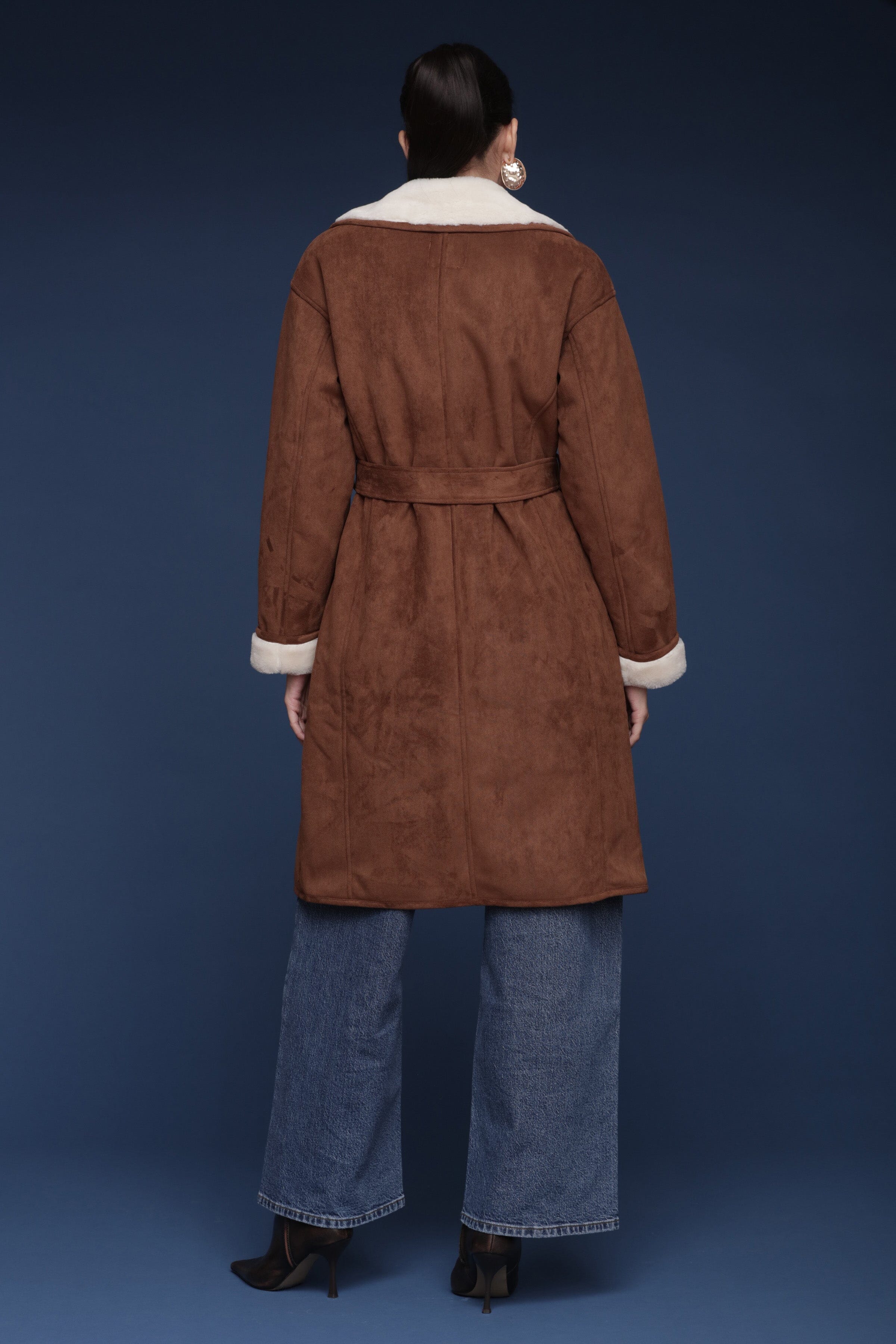 Brown and cream faux suede shearling double-breasted coat with a tie belt and oversized notched lapels - Shop cute women’s coats by Avec Les Filles