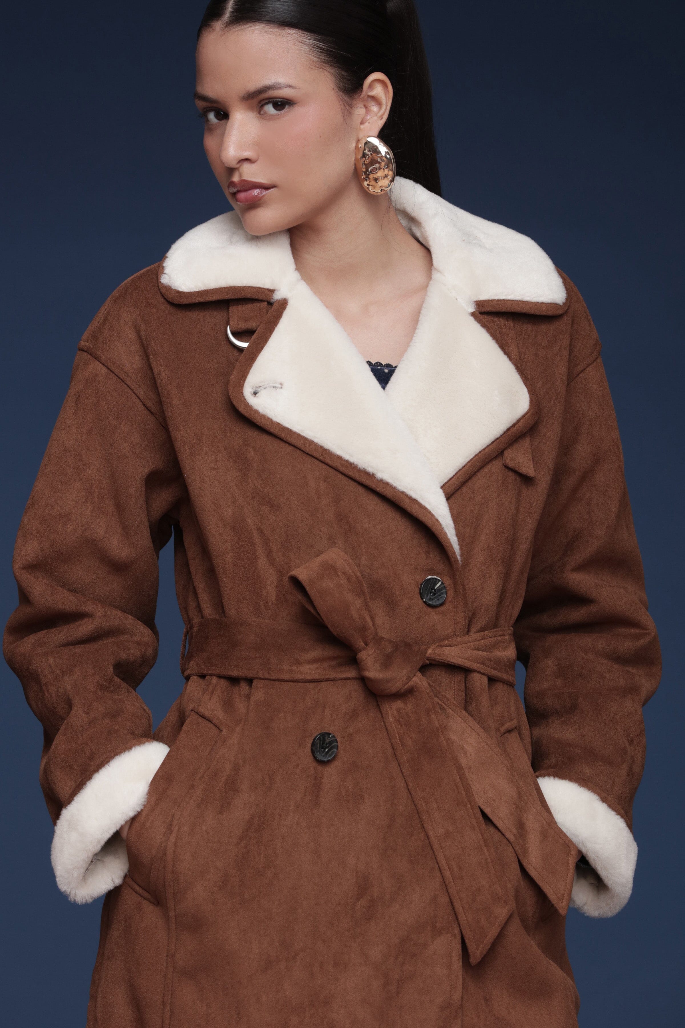 Brown and cream faux suede shearling double-breasted coat with a tie belt and oversized notched lapels - Shop cute women’s coats by Avec Les Filles