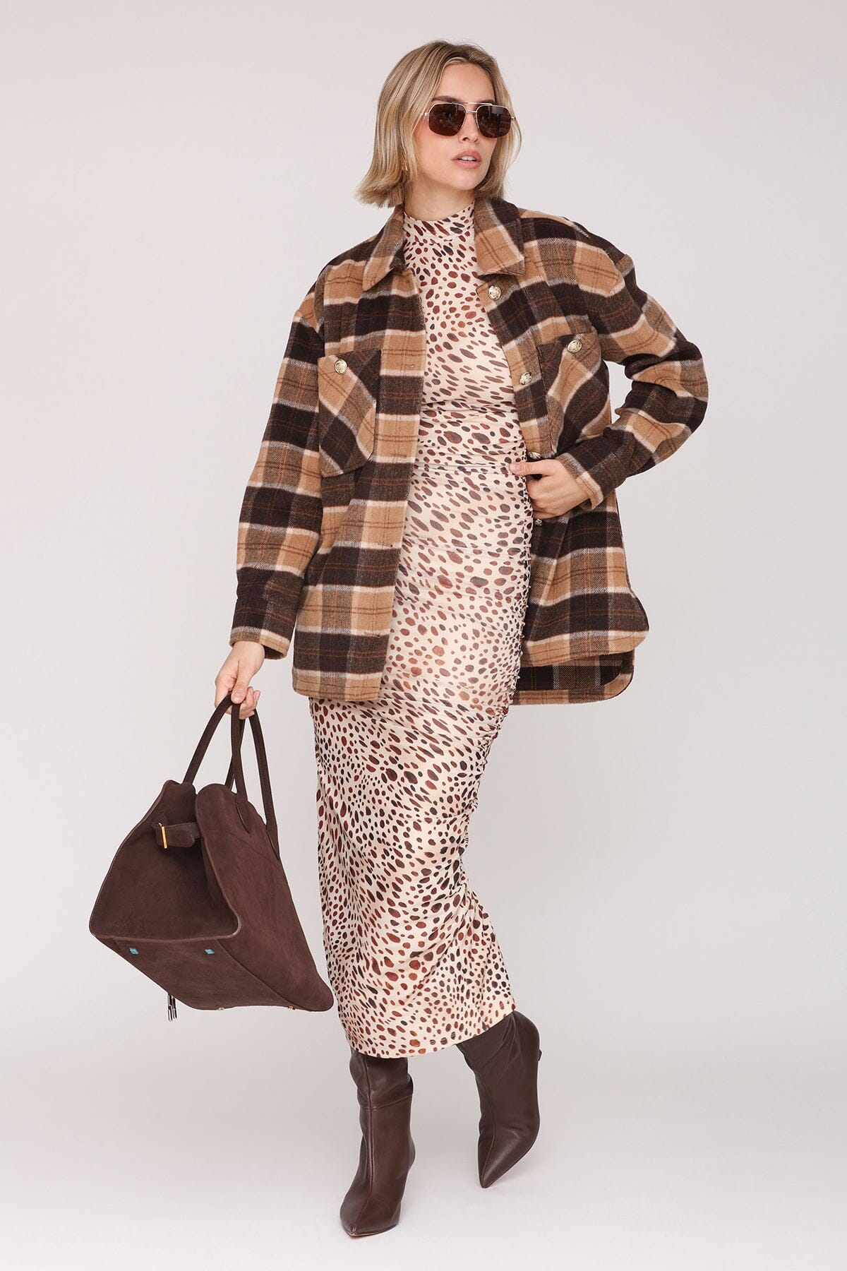 Brown Beige Plaid Wool Blend Oversized Shacket