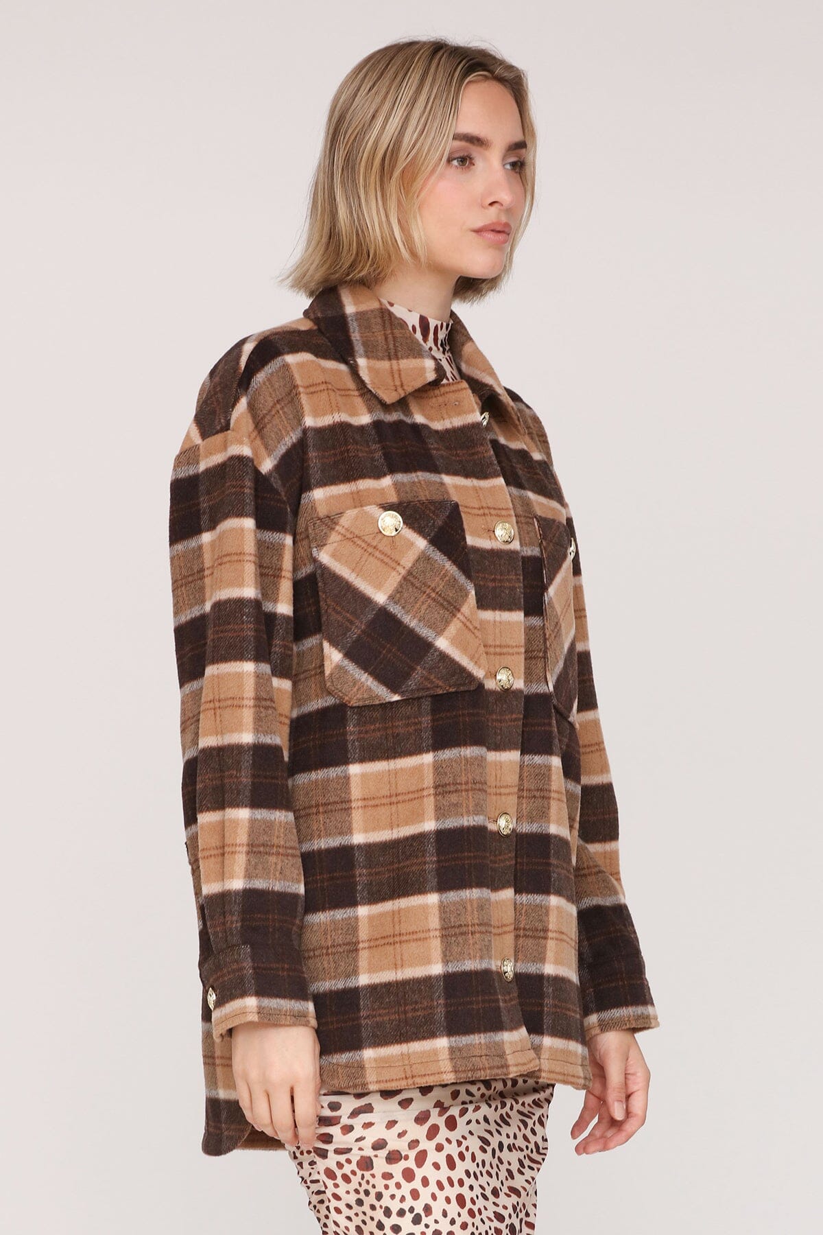 Brown beige plaid wool blend oversized button-front shacket with point collar and drop-shoulders - Cute women's shackets by Avec Les Filles