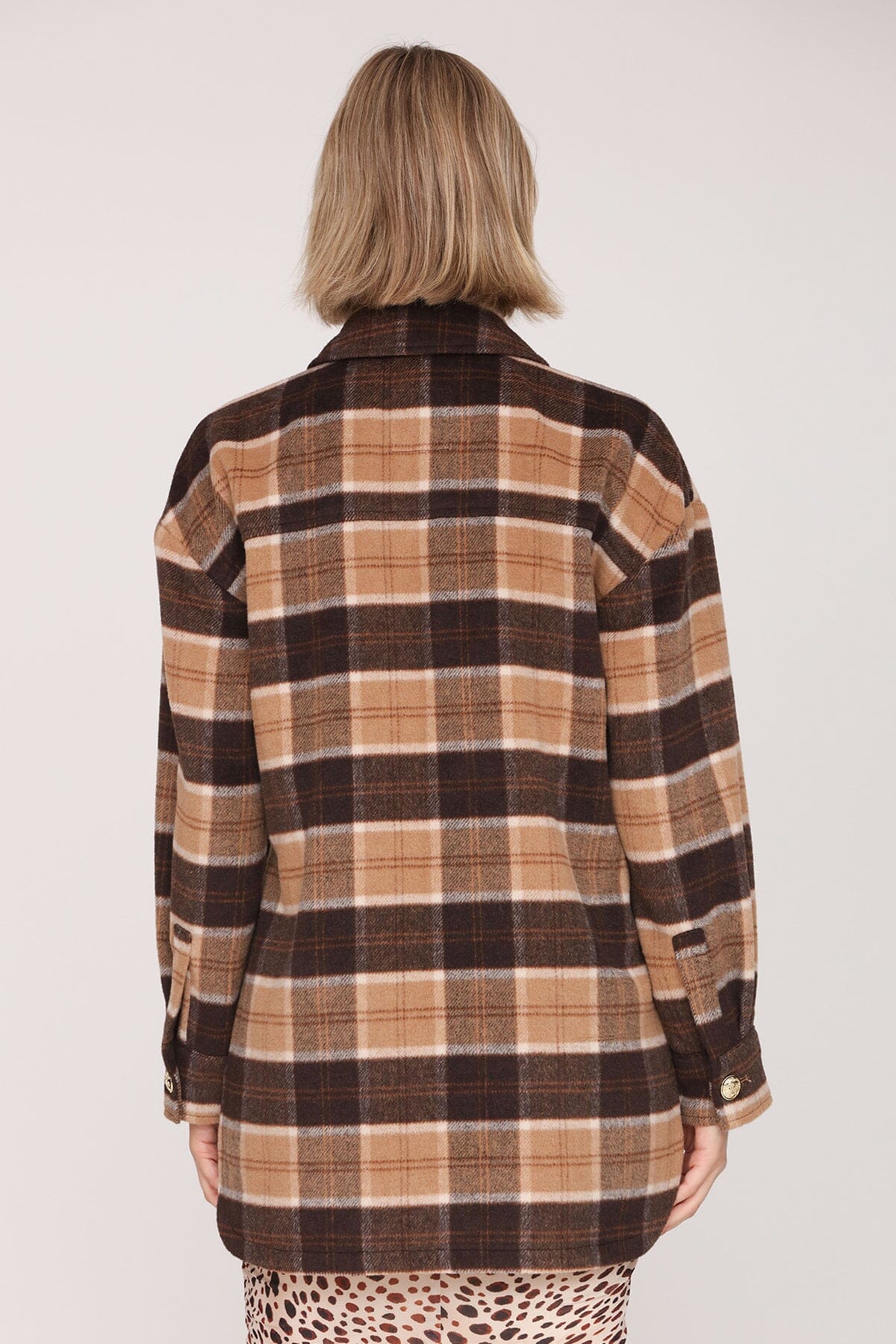 Brown beige plaid wool blend oversized button-front shacket with point collar and drop-shoulders - Cute women's shackets by Avec Les Filles