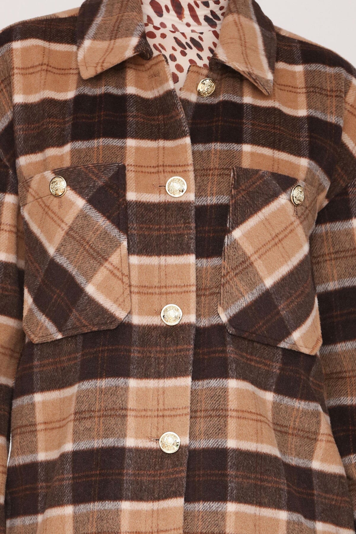 Brown beige plaid wool blend oversized button-front shacket with point collar and drop-shoulders - Cute women's shackets by Avec Les Filles