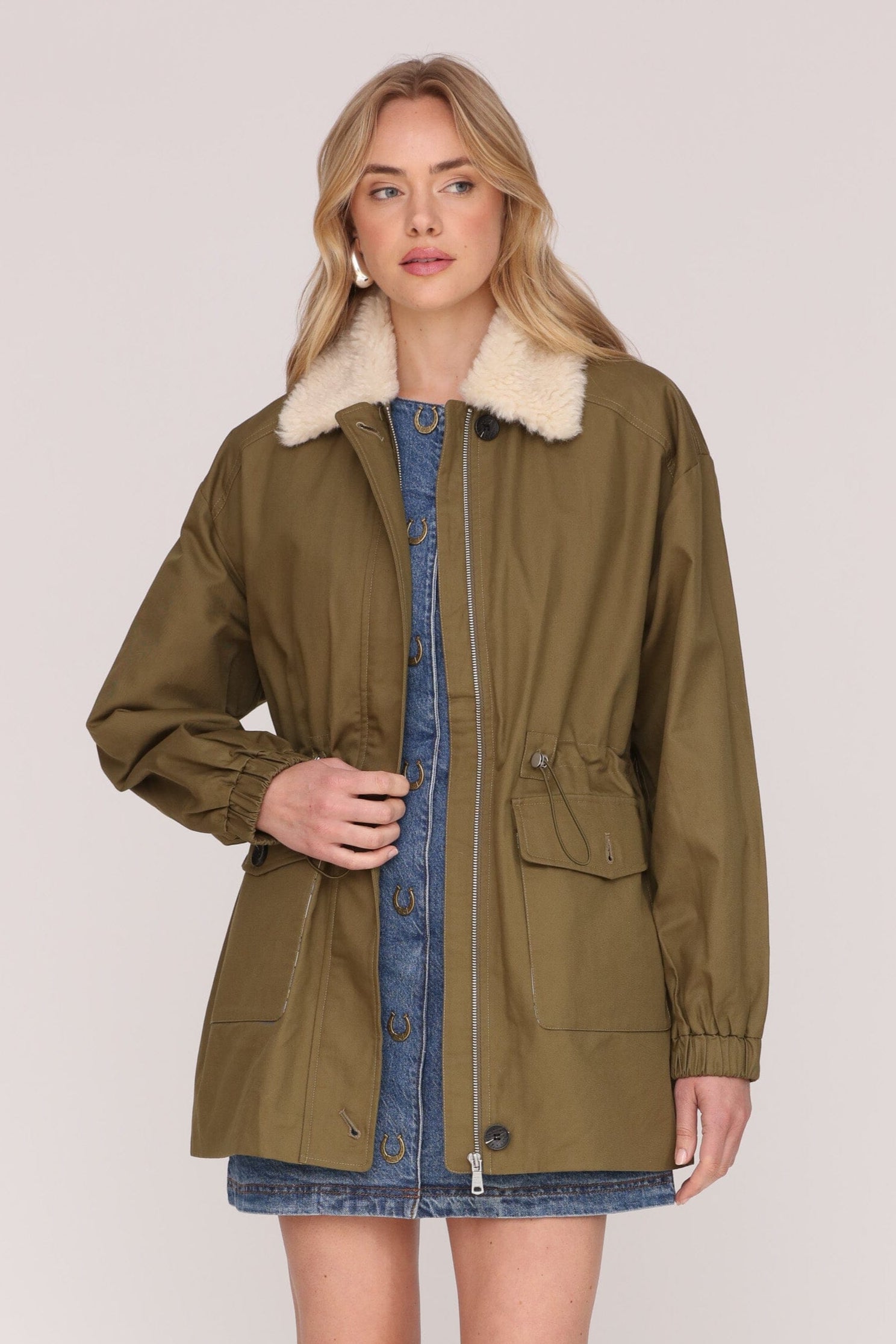 Faux fur collared army green cotton parka jacket with leopard print lining and adjustable drawcord waist - Cute women's jackets by Avec Les Filles