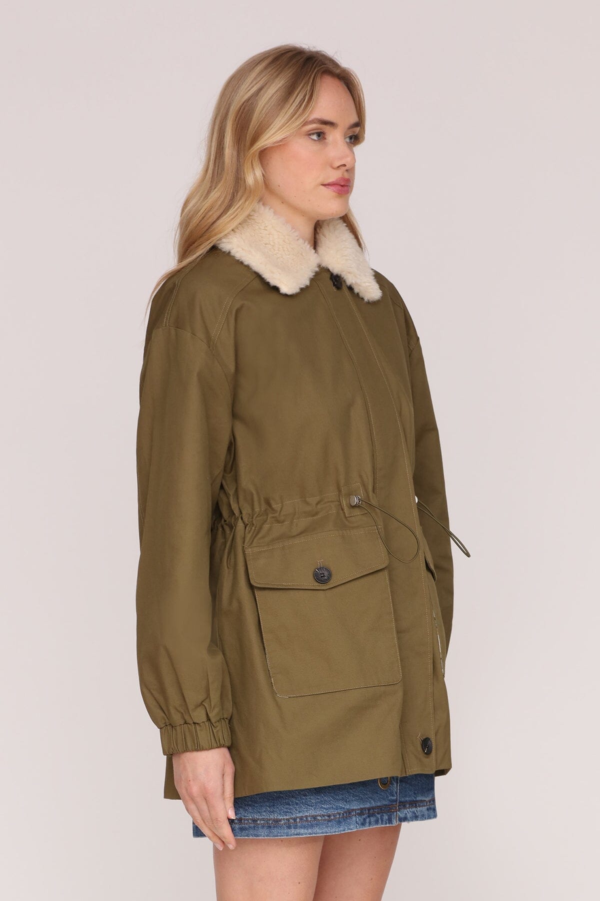 Faux fur collared army green cotton parka jacket with leopard print lining and adjustable drawcord waist - Cute women's jackets by Avec Les Filles