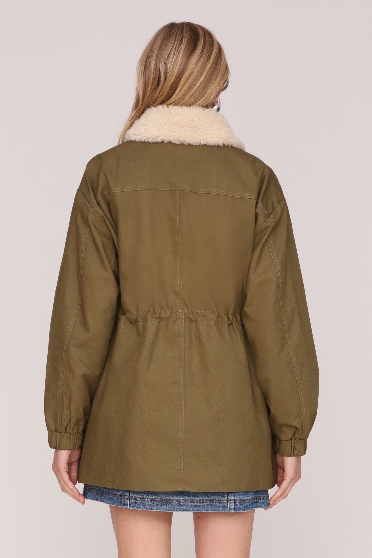Faux fur collared army green cotton parka jacket with leopard print lining and adjustable drawcord waist - Cute women's jackets by Avec Les Filles