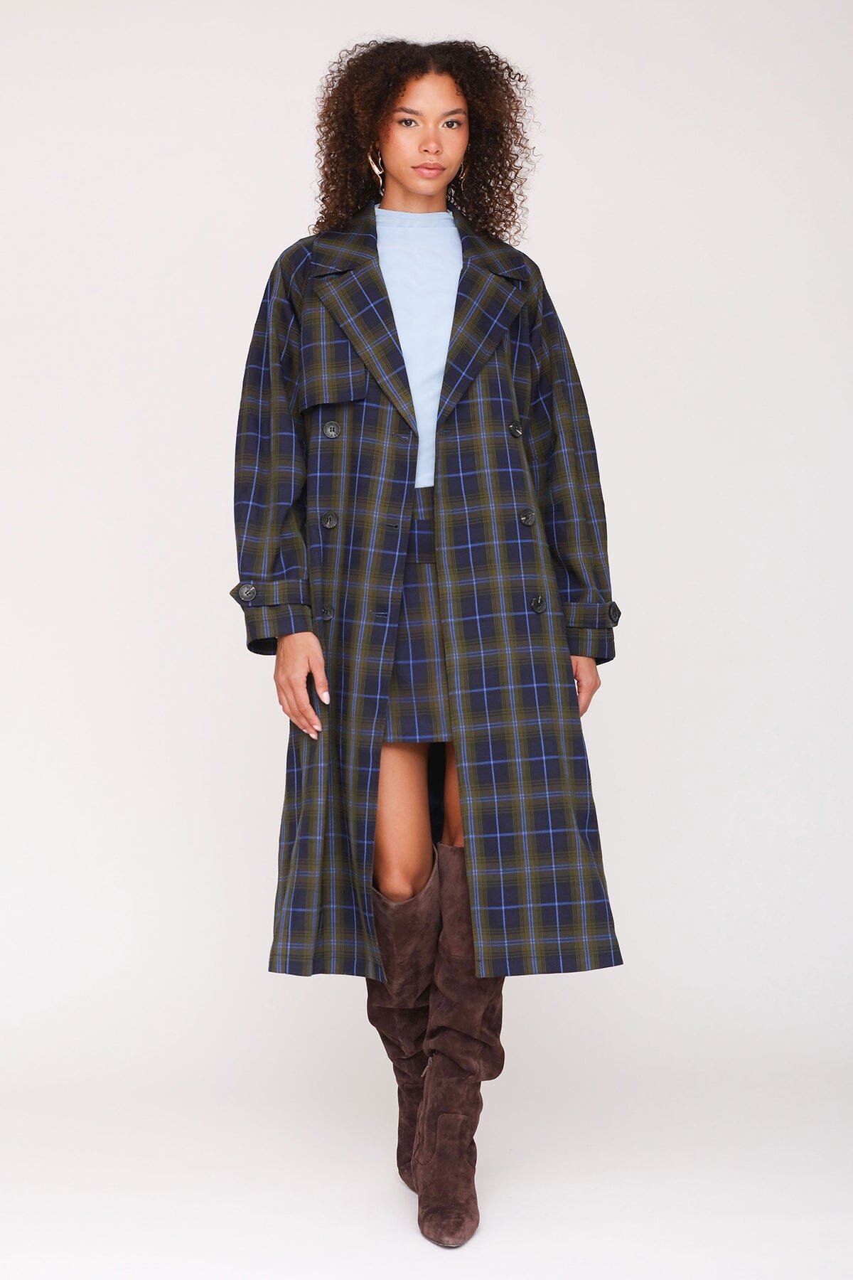 Heritage navy green plaid double-breasted trench coat with raglan sleeves and waist tie belt - Cute women's long trench coats by Avec Les Filles