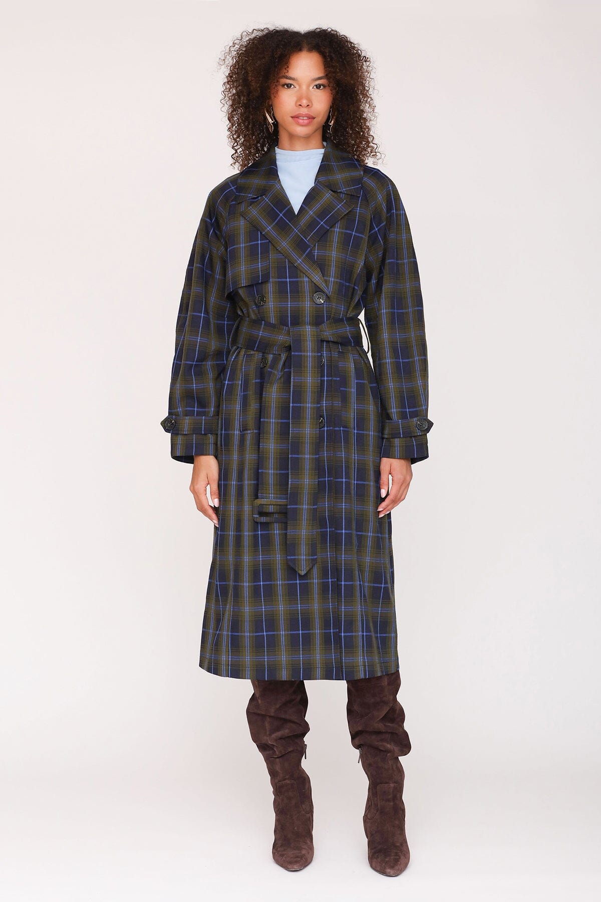 Heritage navy green plaid double-breasted trench coat with raglan sleeves and waist tie belt - Cute women's long trench coats by Avec Les Filles