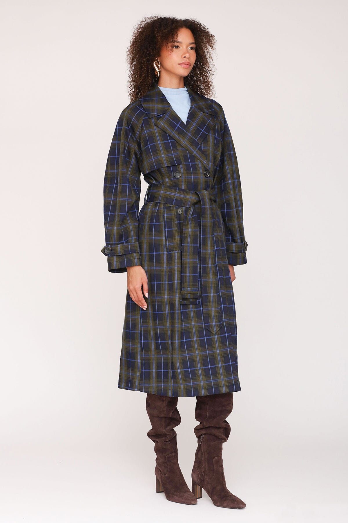 Heritage navy green plaid double-breasted trench coat with raglan sleeves and waist tie belt - Cute women's long trench coats by Avec Les Filles