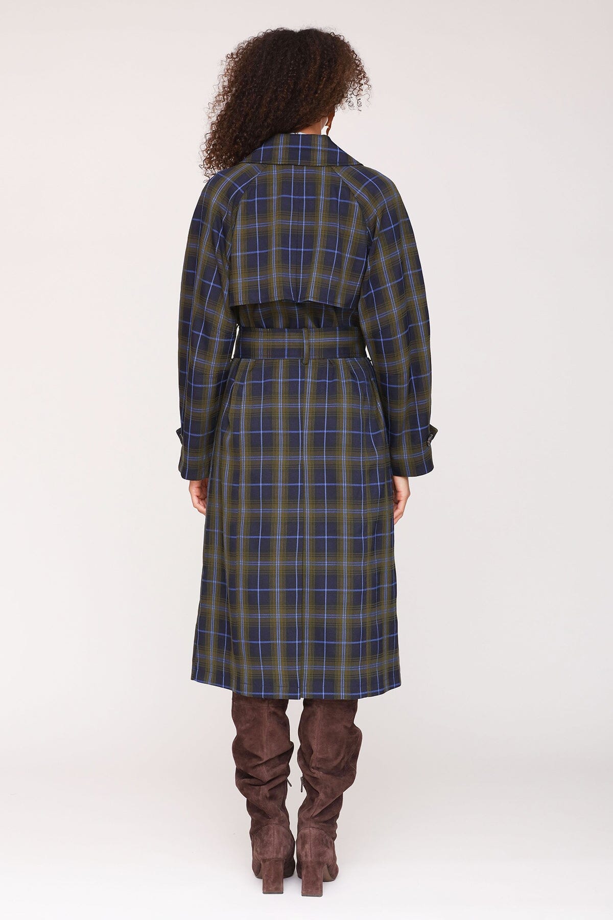 Heritage navy green plaid double-breasted trench coat with raglan sleeves and waist tie belt - Cute women's long trench coats by Avec Les Filles