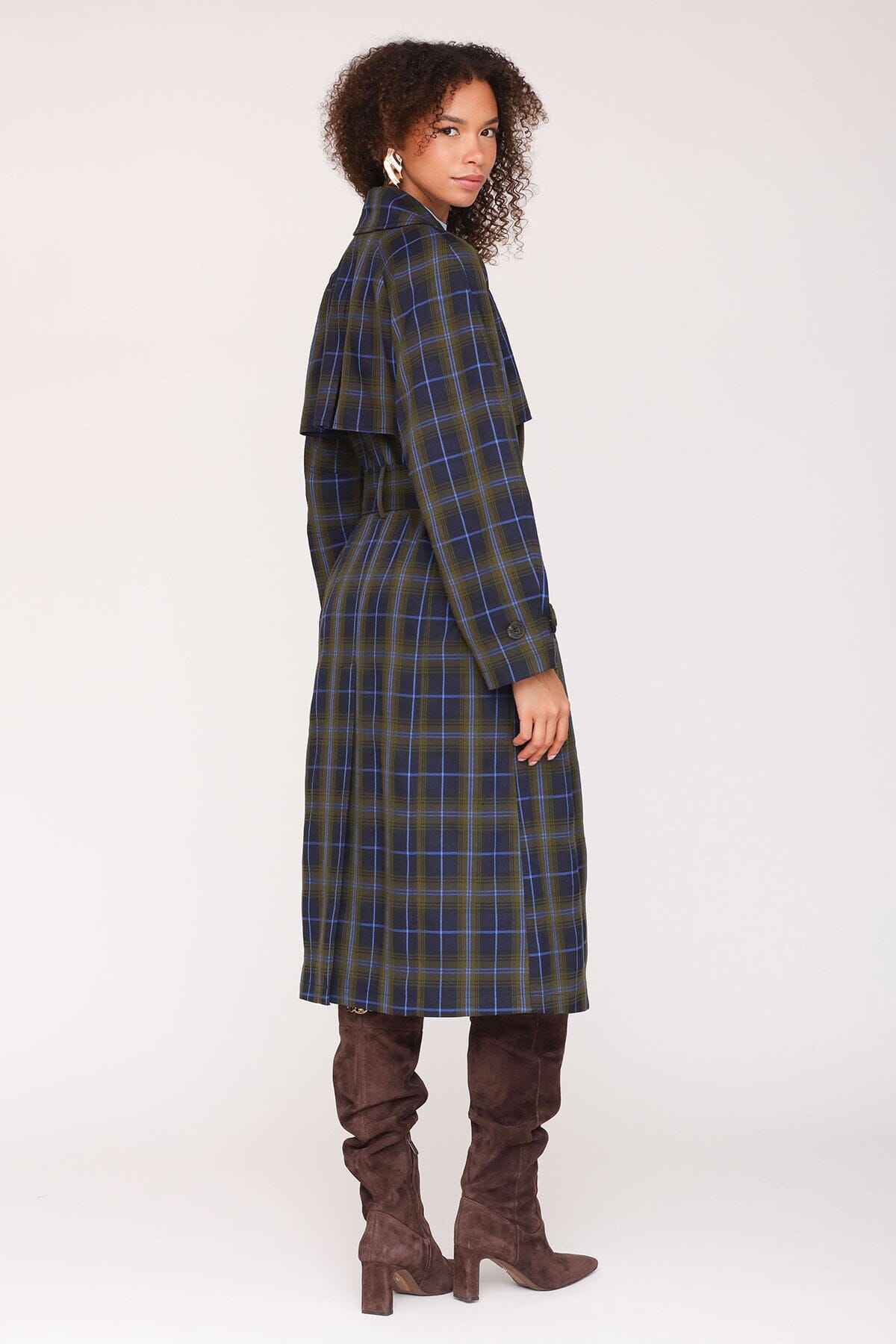 Heritage navy green plaid double-breasted trench coat with raglan sleeves and waist tie belt - Cute women's long trench coats by Avec Les Filles