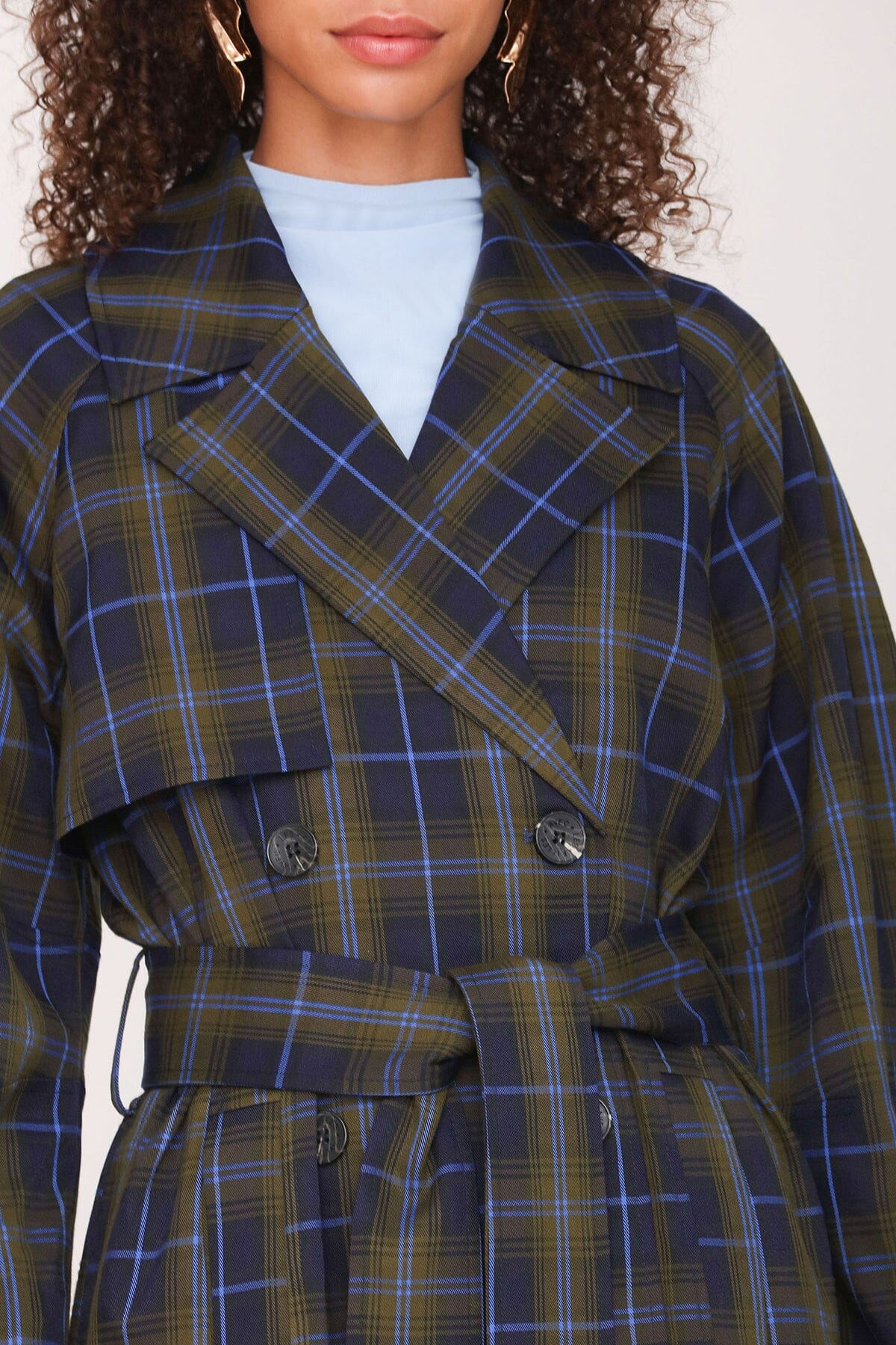 Heritage navy green plaid double-breasted trench coat with raglan sleeves and waist tie belt - Cute women's long trench coats by Avec Les Filles