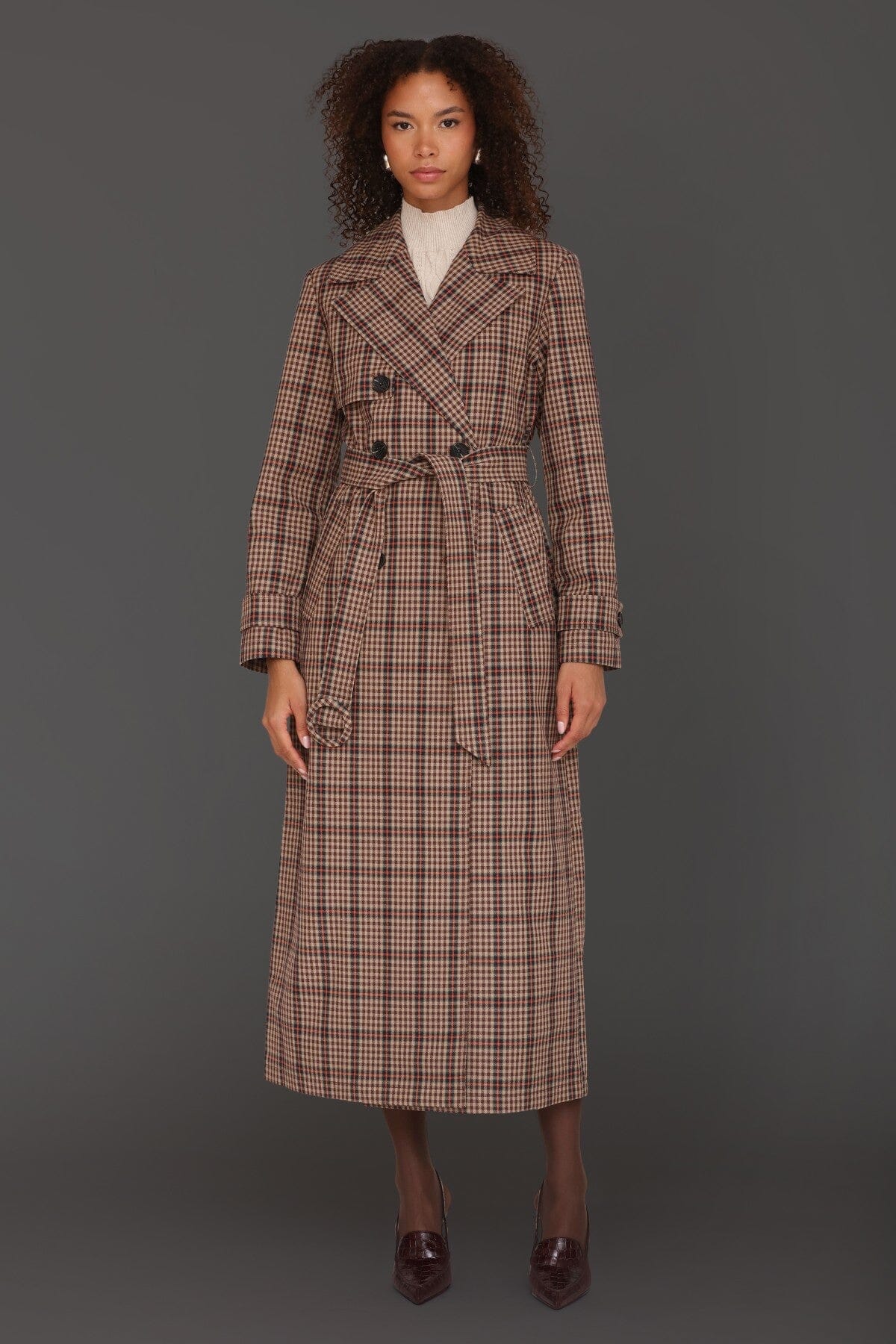 Brown orange plaid belted double-breasted maxi trench coat with self-tie belt and centre-back button - Cute women's trench coats by Avec Les Filles