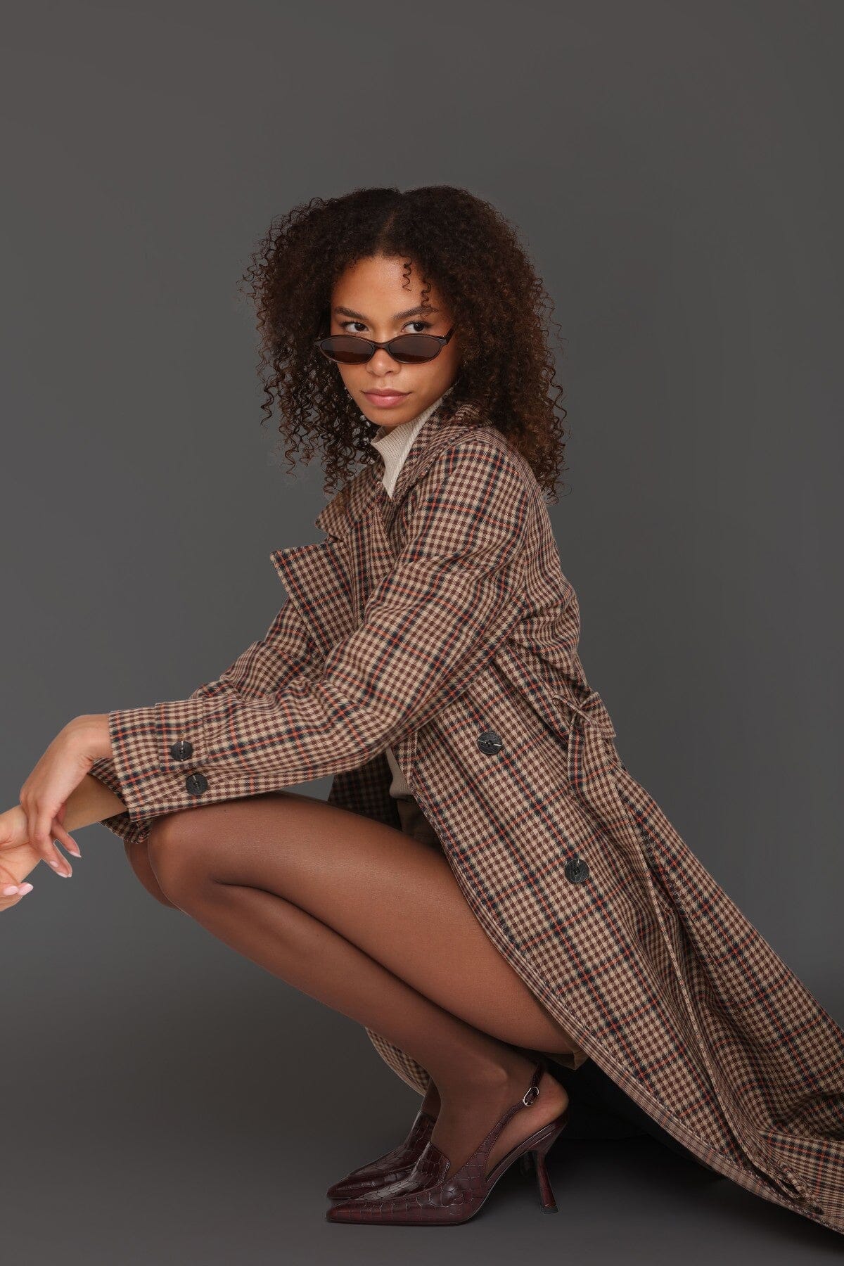 Brown orange plaid belted double-breasted maxi trench coat with self-tie belt and centre-back button - Cute women's trench coats by Avec Les Filles