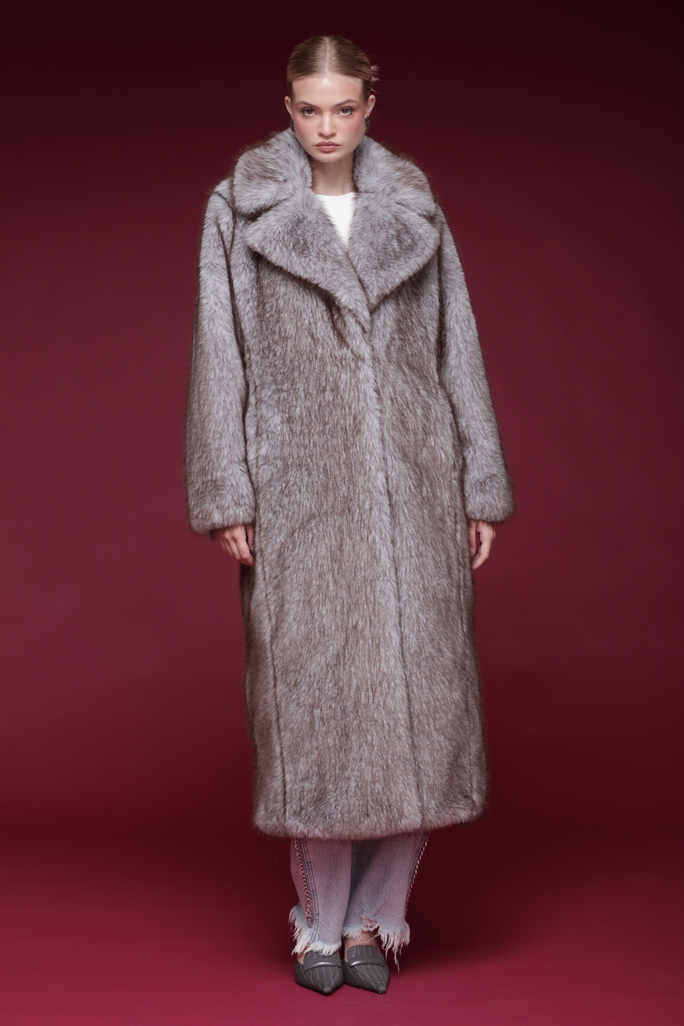 Grey faux fur maxi coat with a wide notched collar, hook-and-eye closure, and side pockets - Shop designer women’s long maxi coats by Avec Les Filles