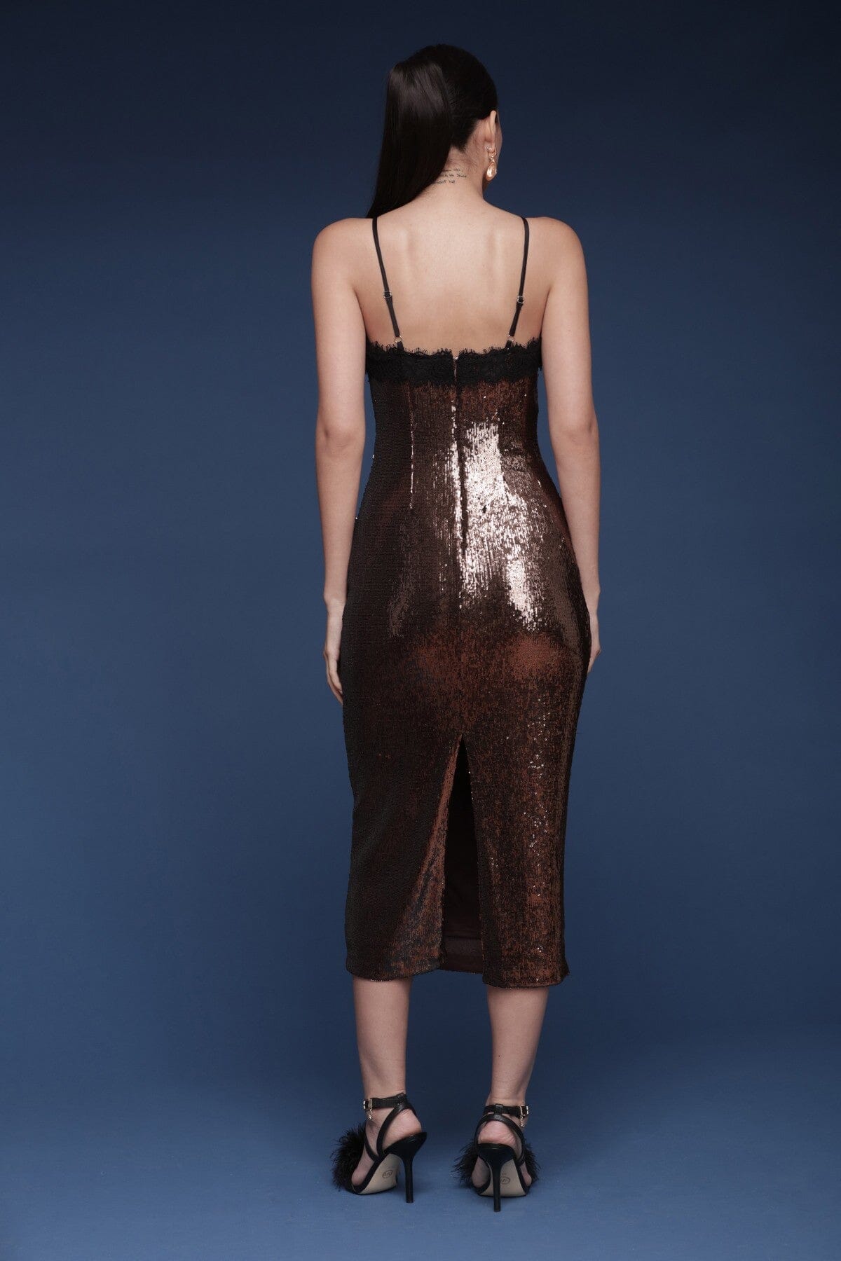Lace-trimmed sequin slip chocolate brown midi dress with adjustable spaghetti strap, V-neckline and back slit - Shop women's midi dresses by Avec Les Filles