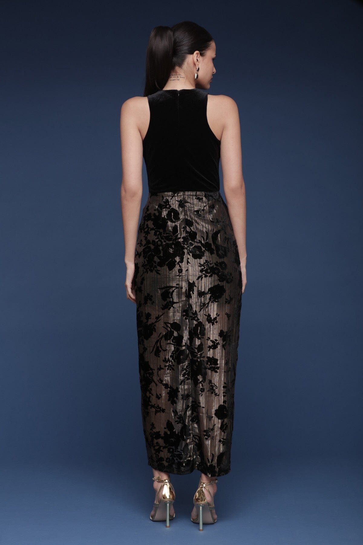 Metallic Sarong sleeveless black and gold velvet high slit maxi dress with floral chiffon sheer overlay and soft fringe - Cute women's dresses by Avec Les Filles