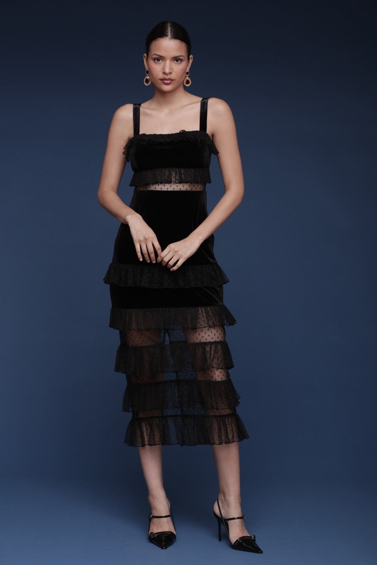Black velvet and tulle tiered midi dress with wide straps and sheer dotted waist and skirt panels - Shop cute women’s midi dresses by Avec Les Filles
