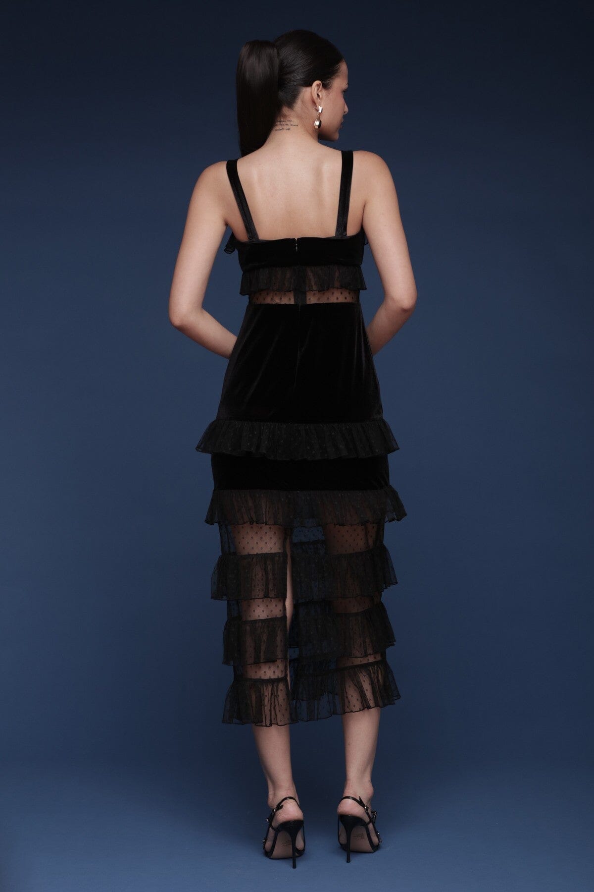 Black velvet and tulle tiered midi dress with wide straps and sheer dotted waist and skirt panels - Shop cute women’s midi dresses by Avec Les Filles