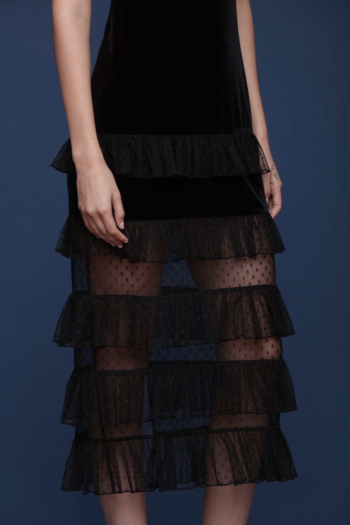 Black velvet and tulle tiered midi dress with wide straps and sheer dotted waist and skirt panels - Shop cute women’s midi dresses by Avec Les Filles