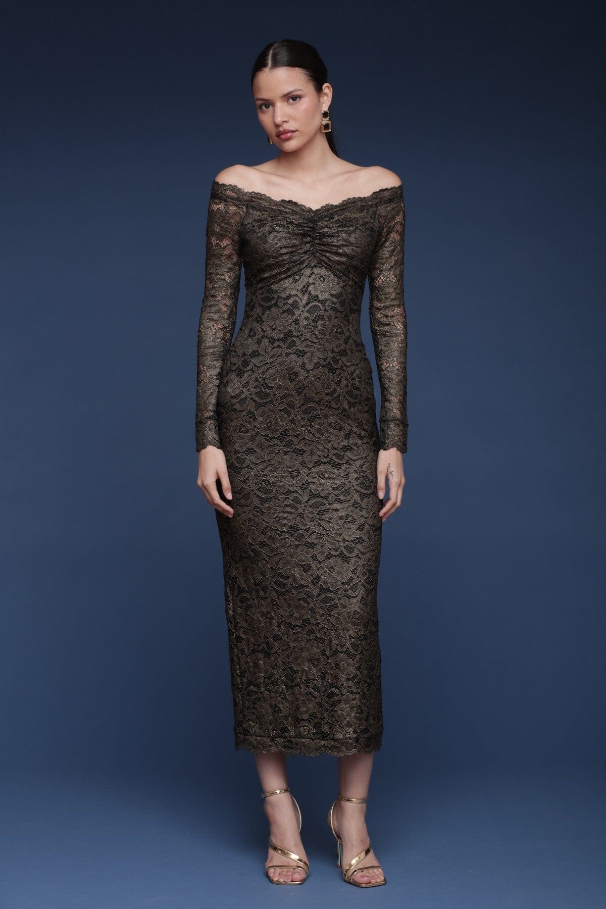 Metallic lace off-shoulder black and gold sheath midi dress with long fitted sleeves and a ruched center bust - Cute women's midi dresses by Avec Les Filles