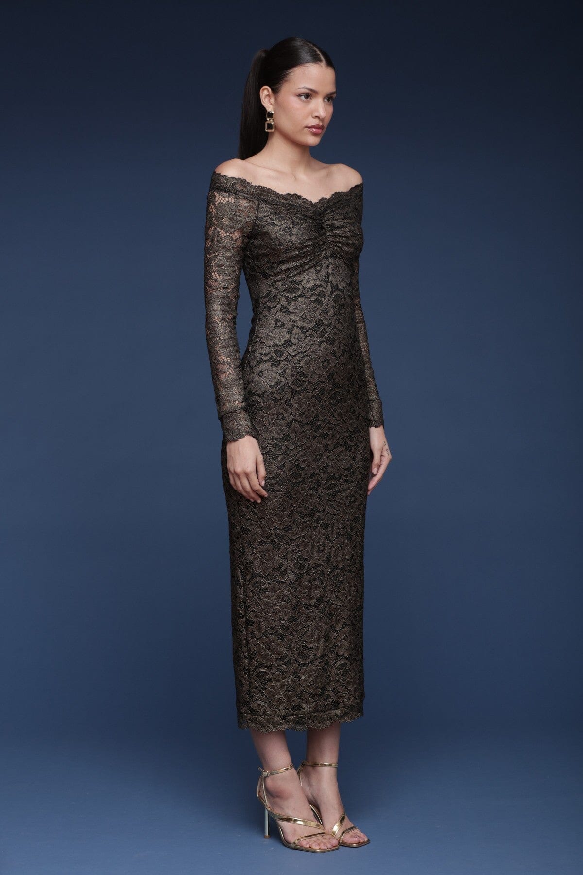 Metallic lace off-shoulder black and gold sheath midi dress with long fitted sleeves and a ruched center bust - Cute women's midi dresses by Avec Les Filles