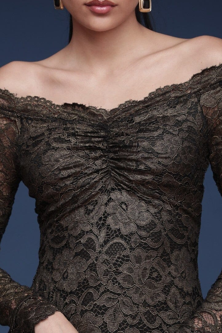 Metallic lace off-shoulder black and gold sheath midi dress with long fitted sleeves and a ruched center bust - Cute women's midi dresses by Avec Les Filles