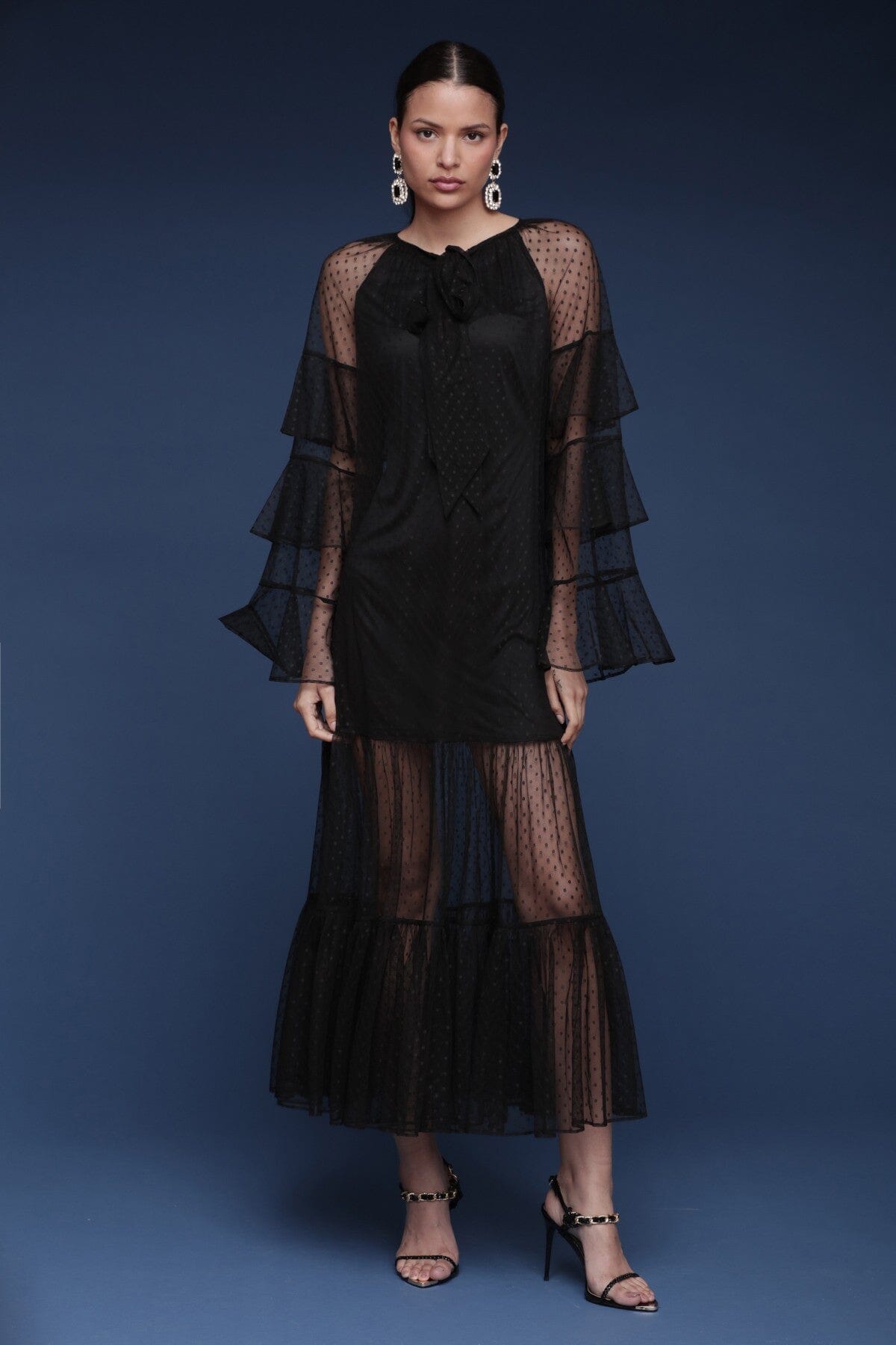 Tiered polka-dot sheer mesh black maxi dress featuring ruffle sleeves and a bow-tie neckline - Shop cute women's maxi dresses by Avec Les Filles