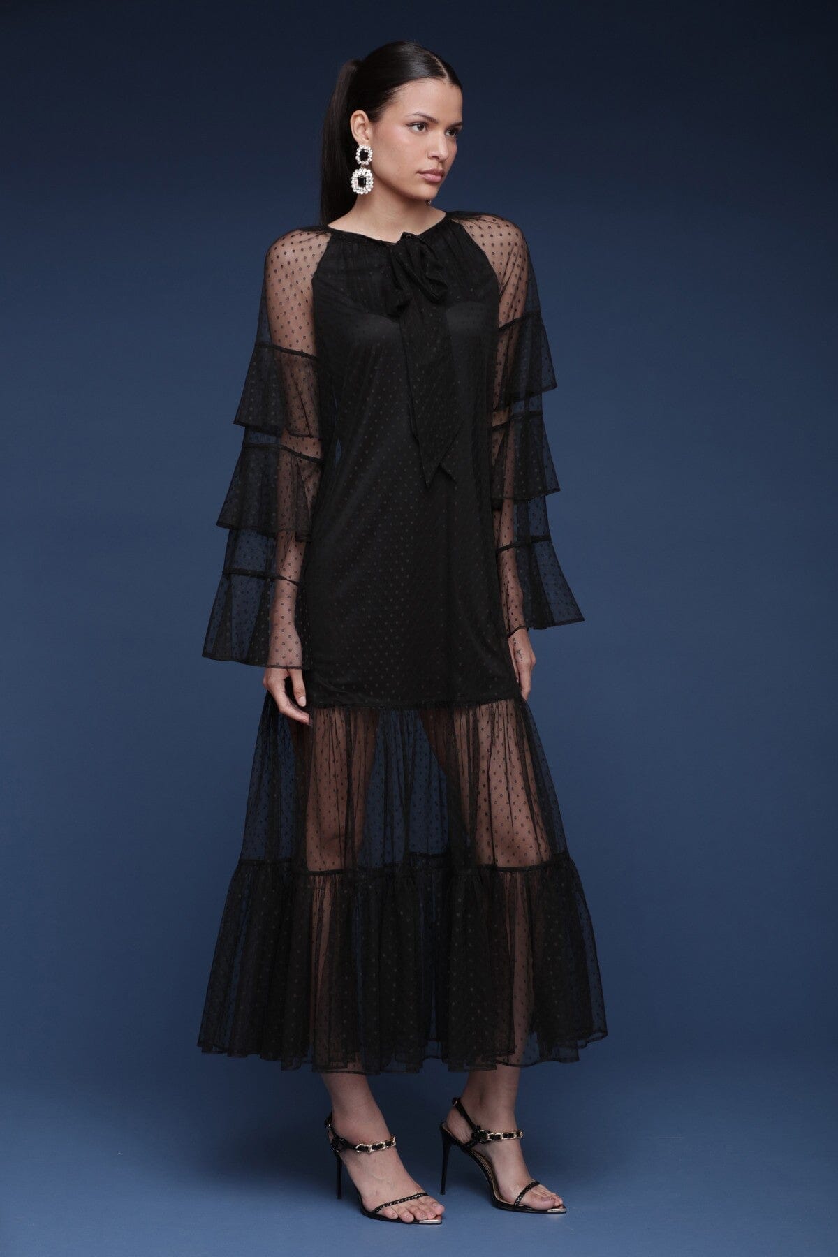 Tiered polka-dot sheer mesh black maxi dress featuring ruffle sleeves and a bow-tie neckline - Shop cute women's maxi dresses by Avec Les Filles