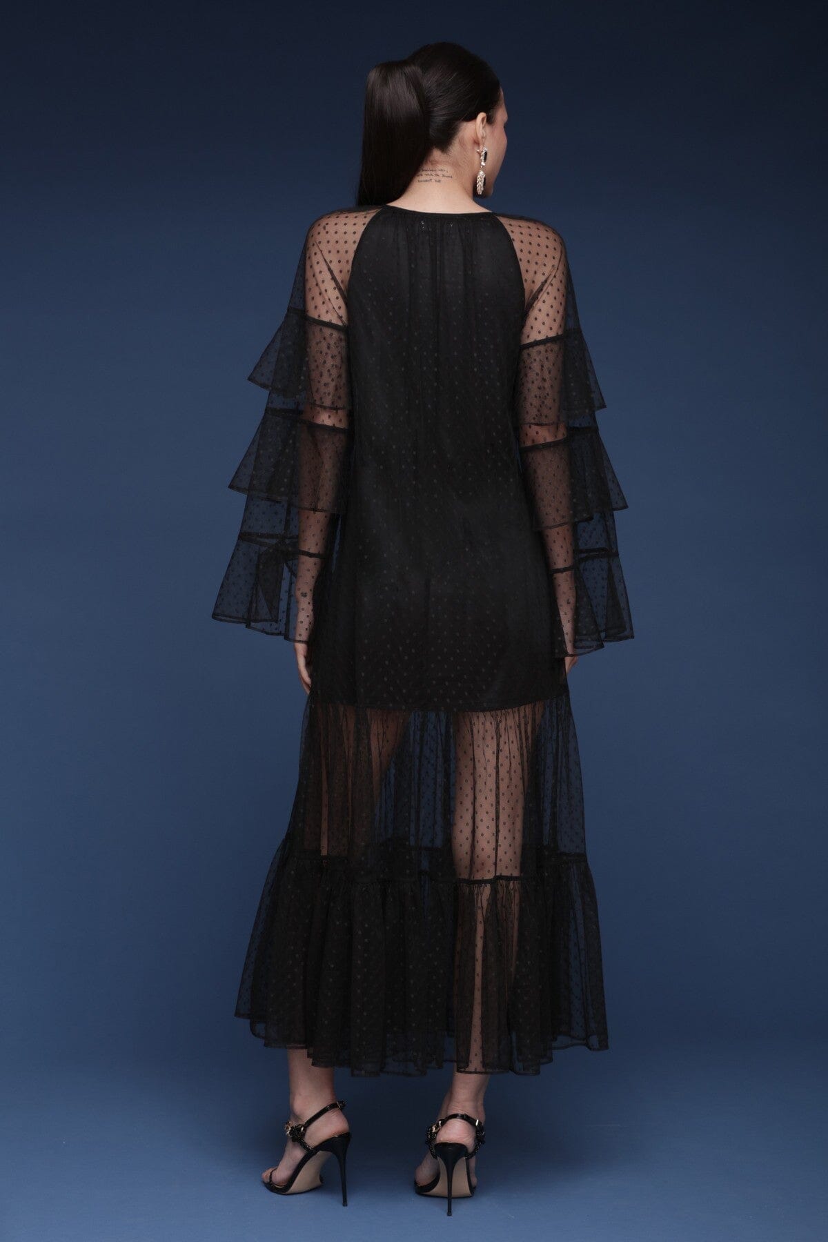 Tiered polka-dot sheer mesh black maxi dress featuring ruffle sleeves and a bow-tie neckline - Shop cute women's maxi dresses by Avec Les Filles