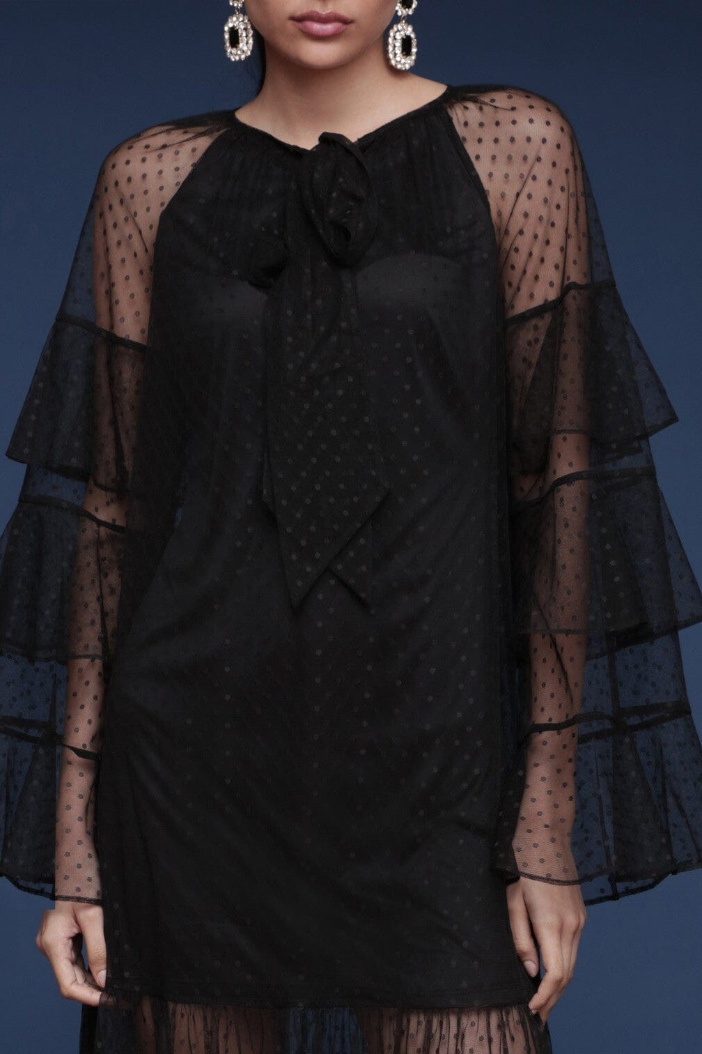 Tiered polka-dot sheer mesh black maxi dress featuring ruffle sleeves and a bow-tie neckline - Shop cute women's maxi dresses by Avec Les Filles
