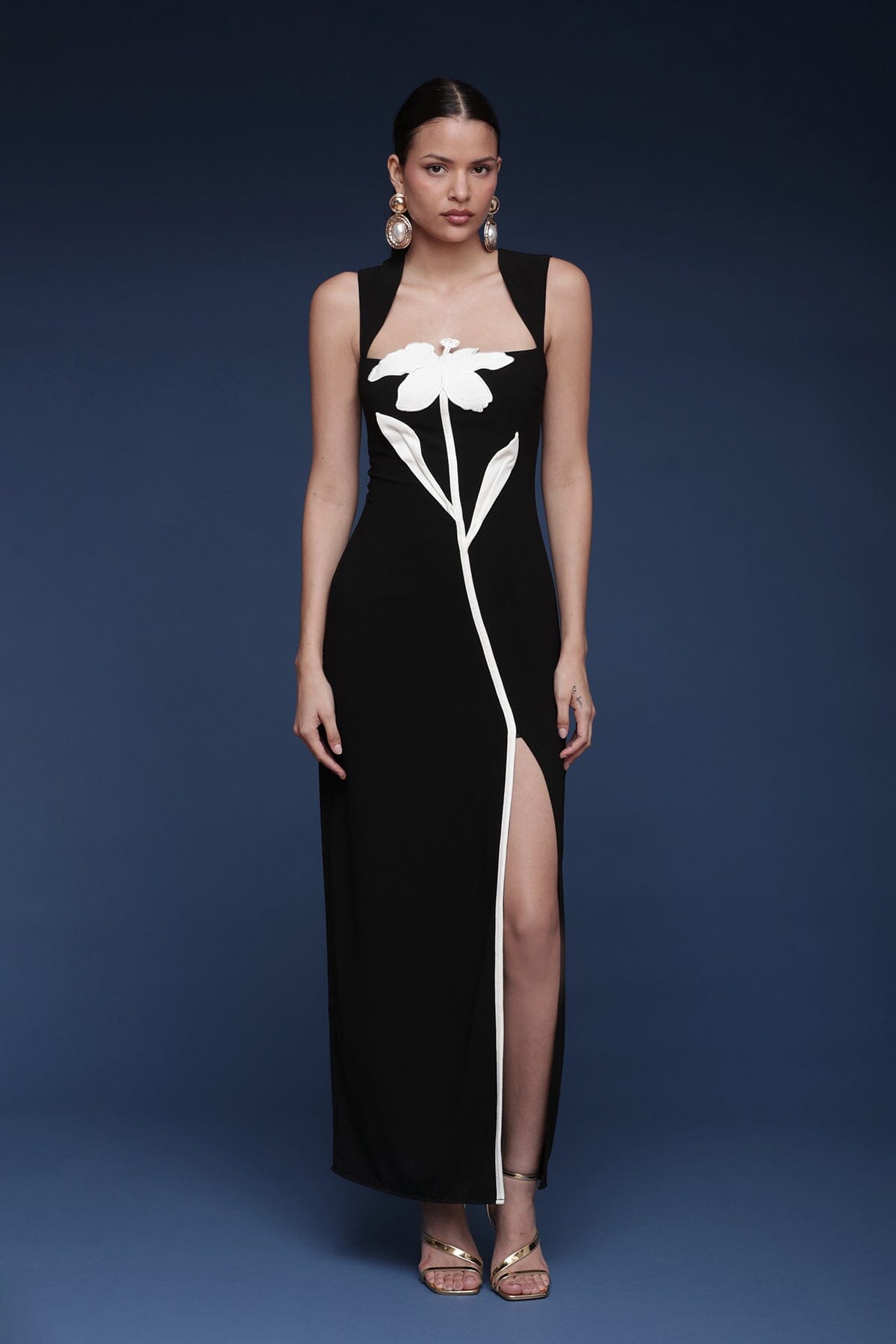 Statement floral appliqué front slit black maxi dress with wide straps, square neckline and body-skimming fit - Shop designer maxi dresses by Avec Les Filles