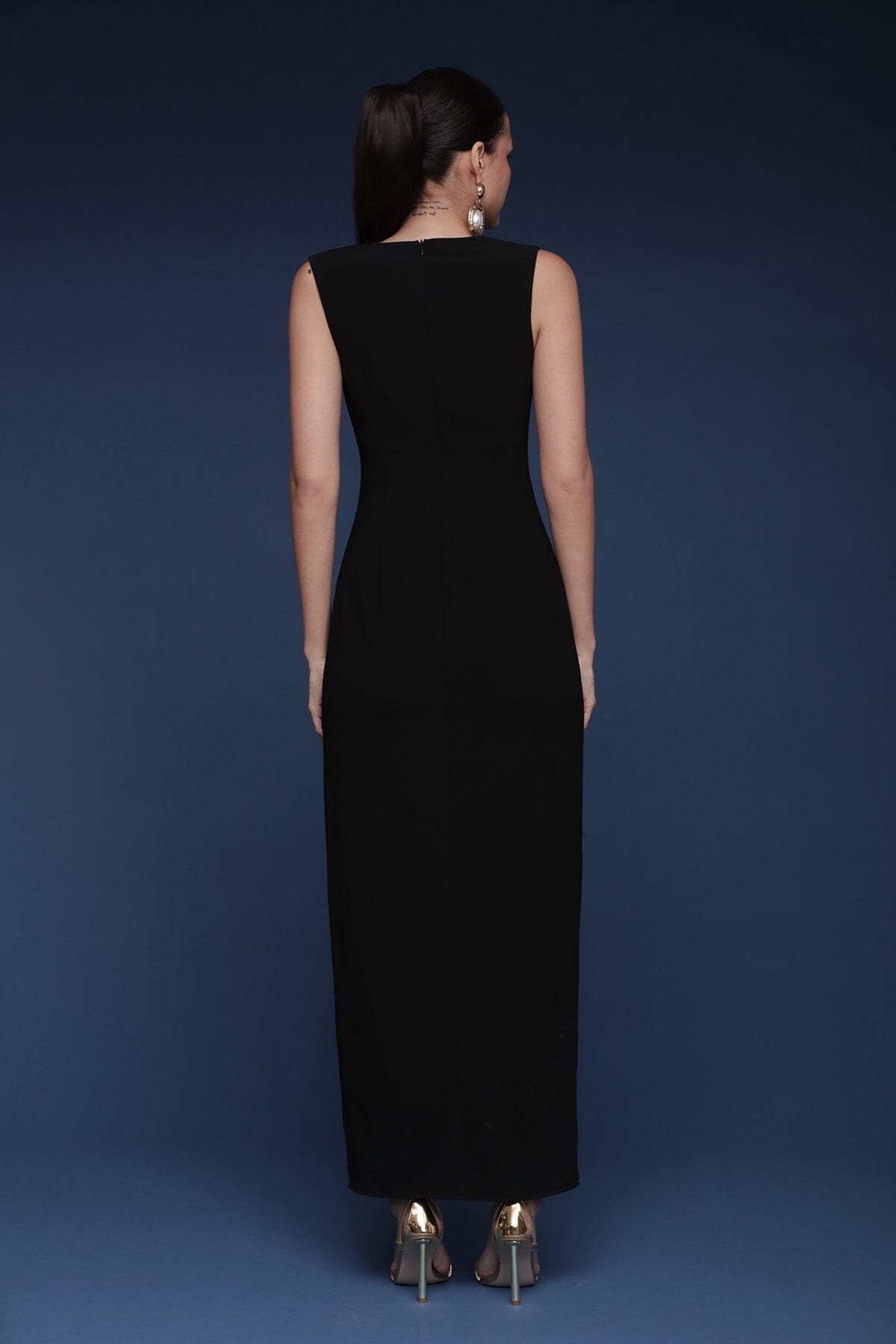 Statement floral appliqué front slit black maxi dress with wide straps, square neckline and body-skimming fit - Shop designer maxi dresses by Avec Les Filles