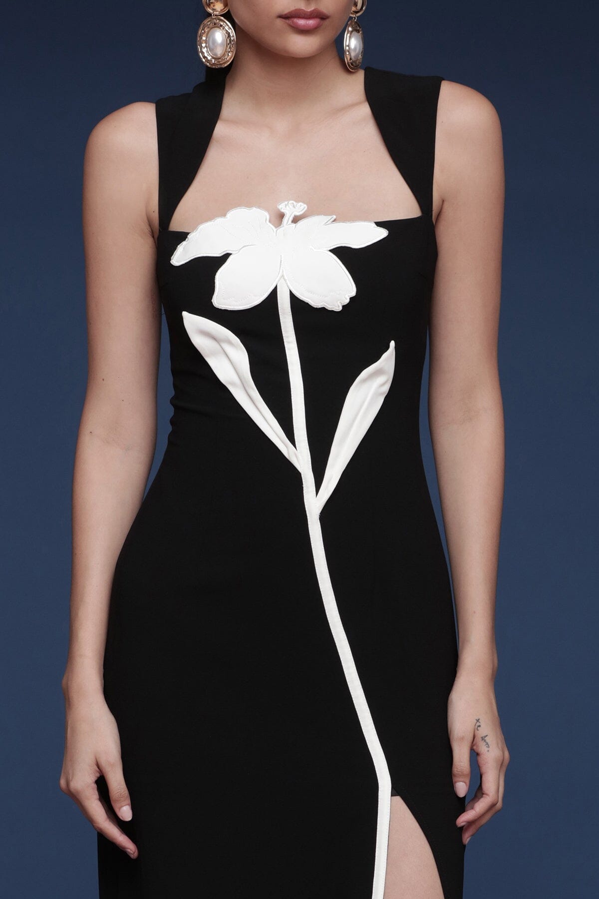 Statement floral appliqué front slit black maxi dress with wide straps, square neckline and body-skimming fit - Shop designer maxi dresses by Avec Les Filles