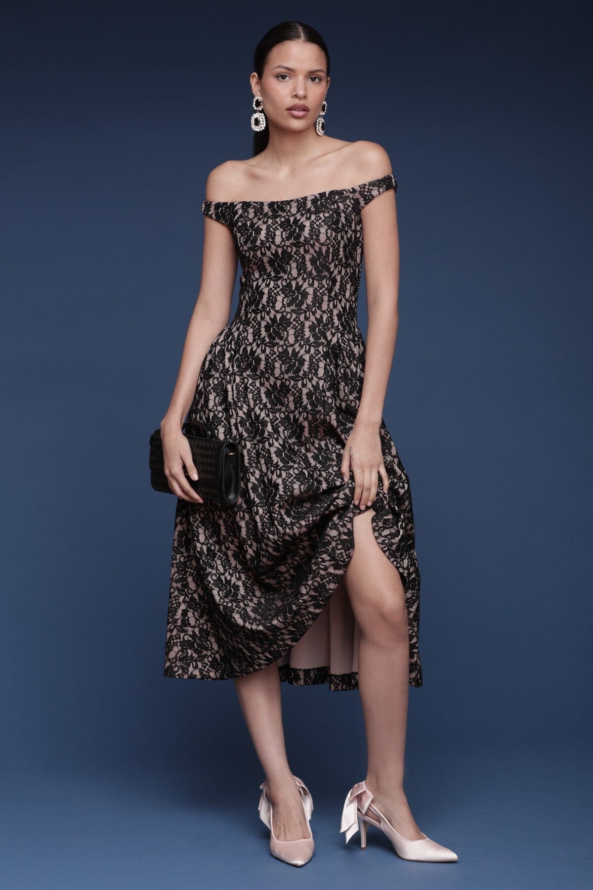 Black lace off-shoulder midi dress with softly flared skirt and seamed waist- Shop cute women's midi dresses by Avec Les Filles
