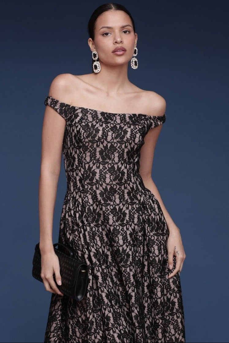 Black lace off-shoulder midi dress with softly flared skirt and seamed waist- Shop cute women's midi dresses by Avec Les Filles