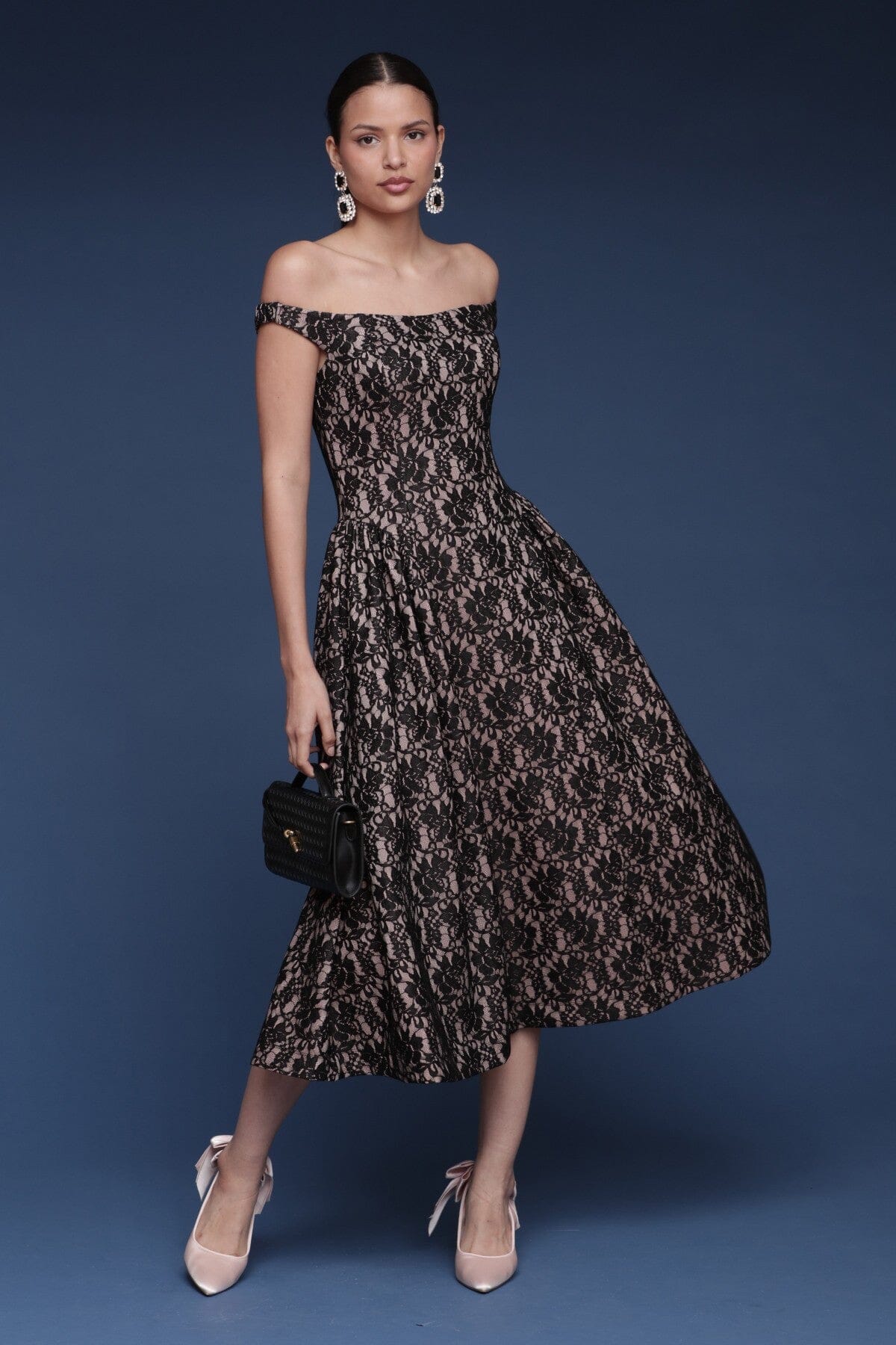 Black lace off-shoulder midi dress with softly flared skirt and seamed waist- Shop cute women's midi dresses by Avec Les Filles