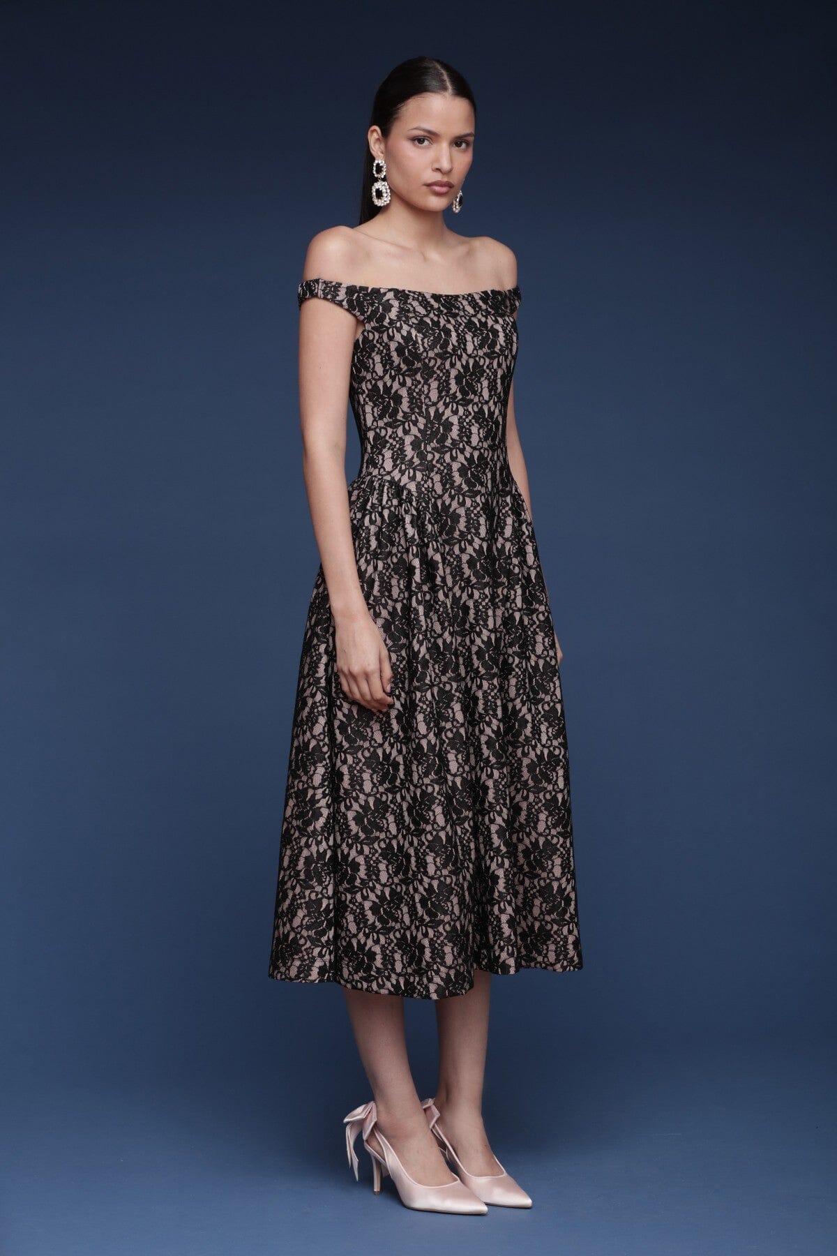Black lace off-shoulder midi dress with softly flared skirt and seamed waist- Shop cute women's midi dresses by Avec Les Filles
