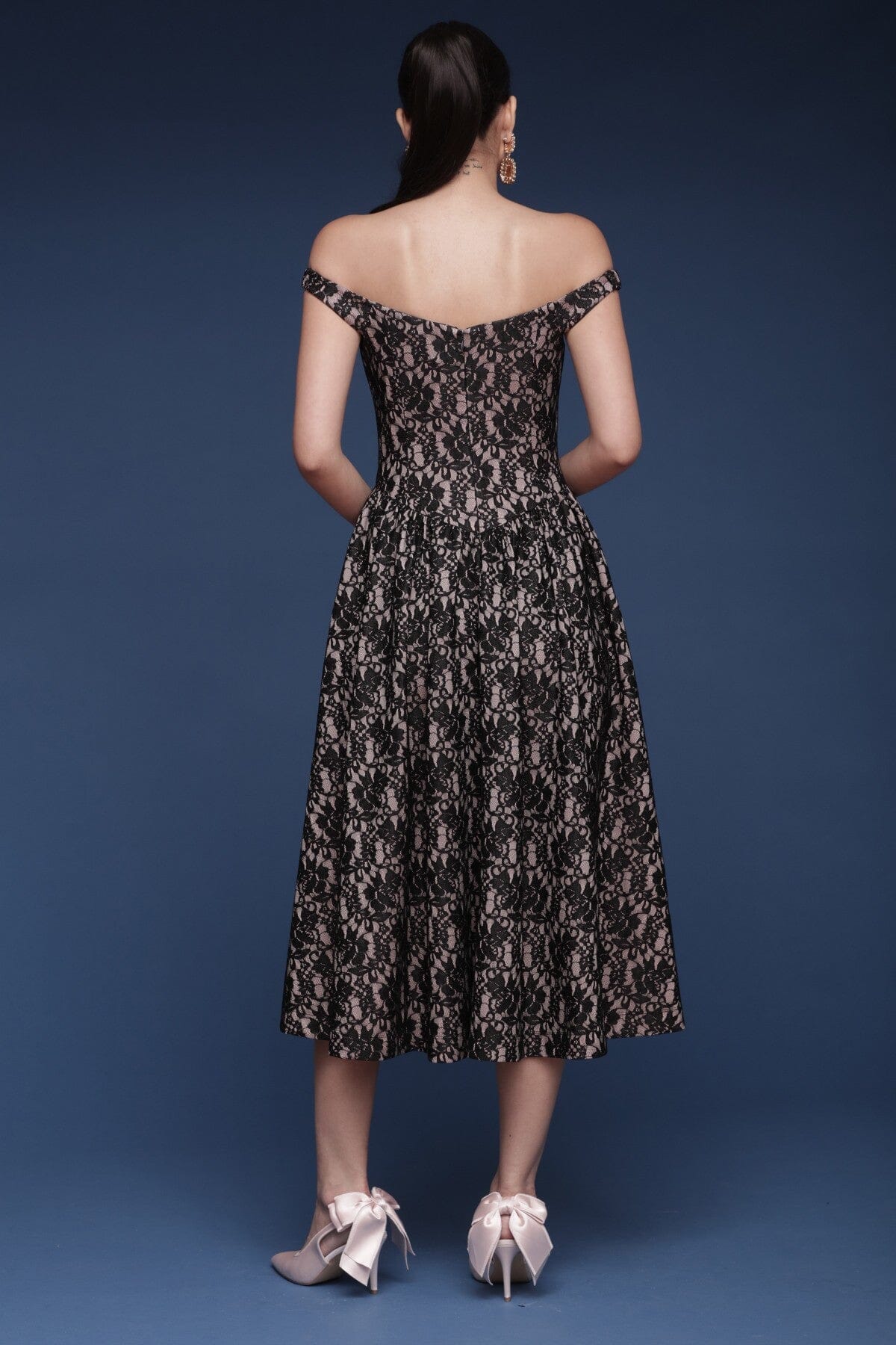 Black lace off-shoulder midi dress with softly flared skirt and seamed waist- Shop cute women's midi dresses by Avec Les Filles