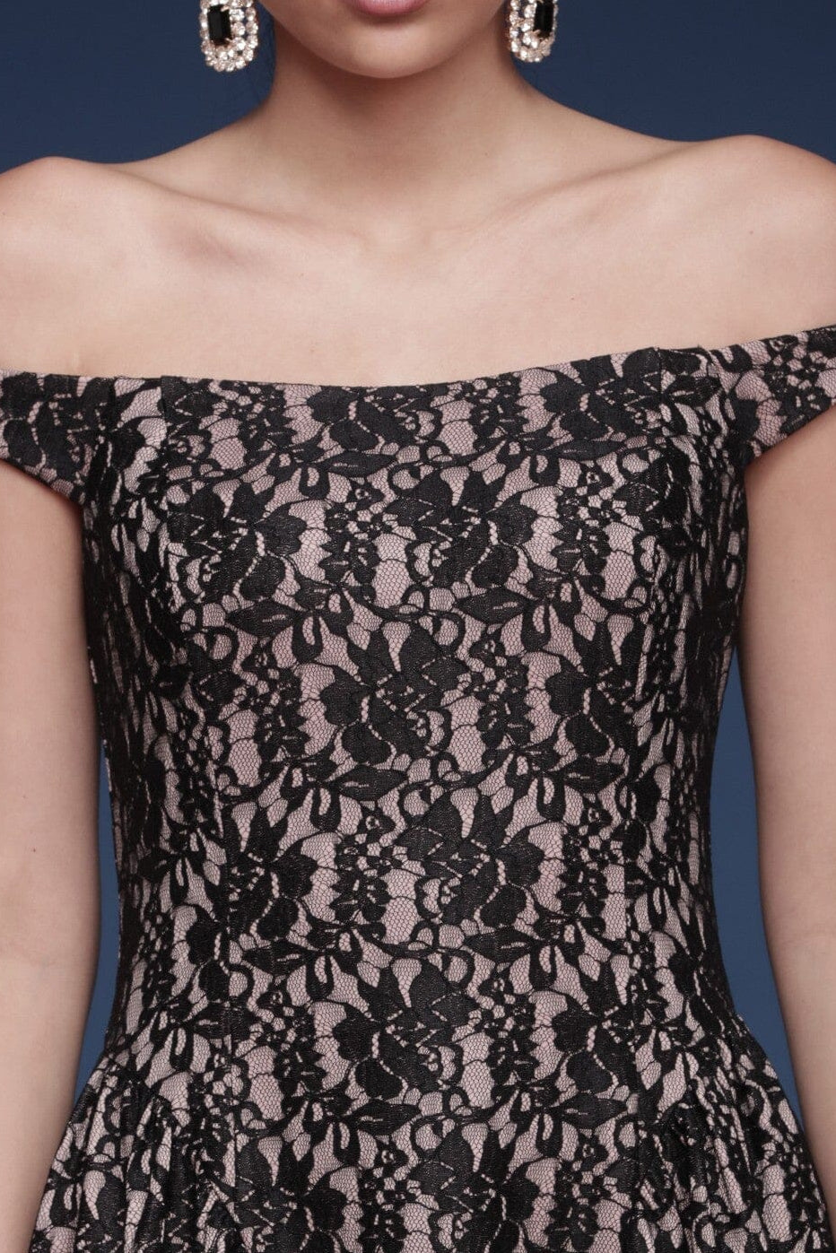 Black lace off-shoulder midi dress with softly flared skirt and seamed waist- Shop cute women's midi dresses by Avec Les Filles
