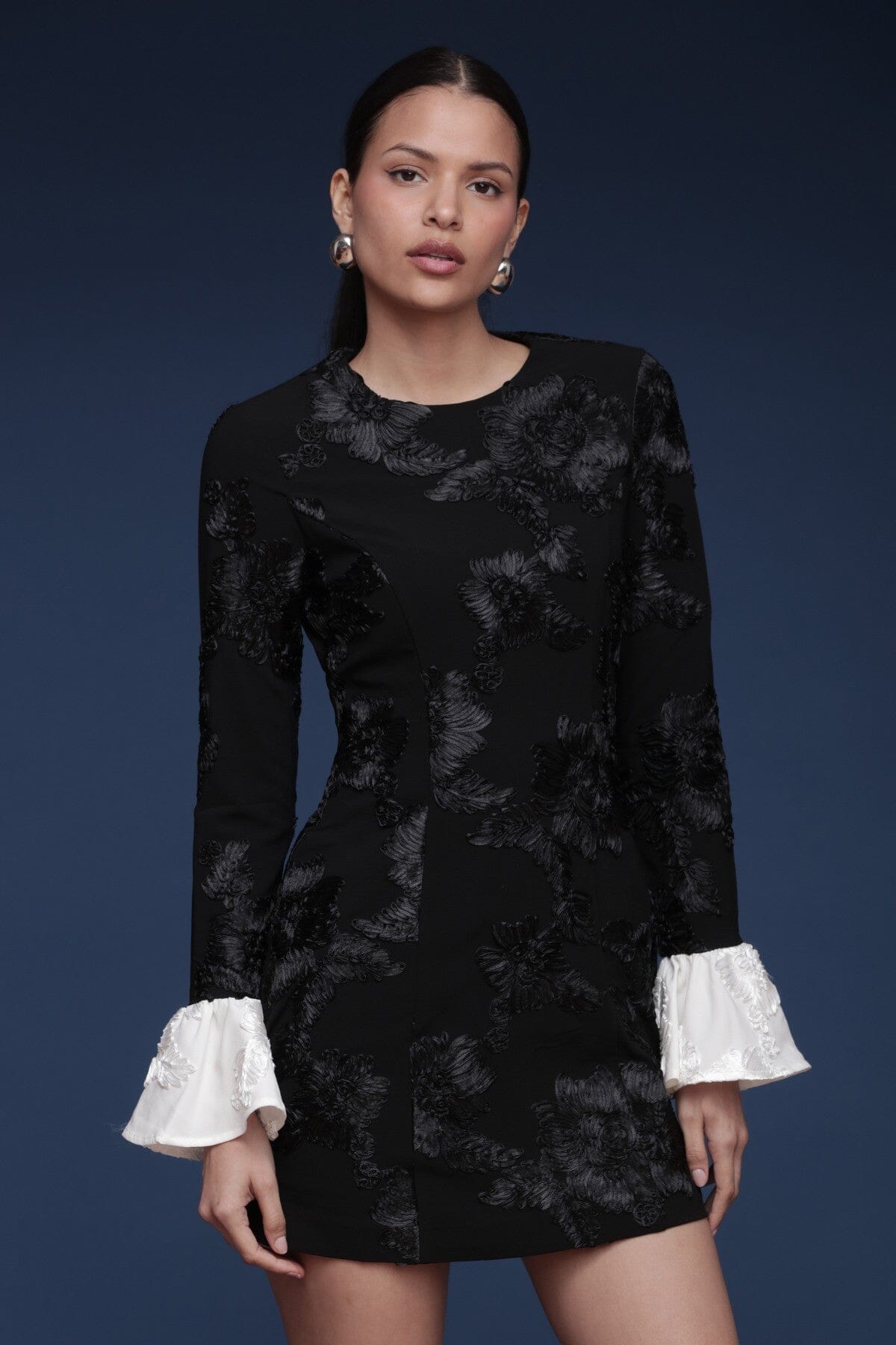 Contrast cuff embroidered black and white mini dress with long sleeves and all-over tonal floral embroidery - Shop designer mini dresses by Avec Les Filles