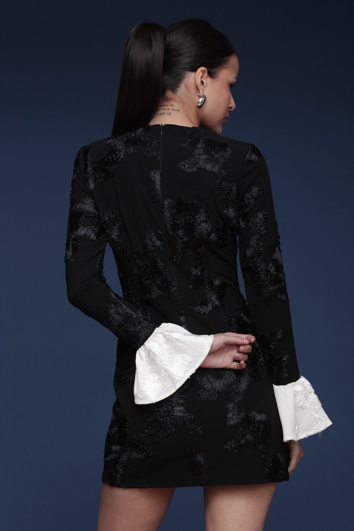 Contrast cuff embroidered black and white mini dress with long sleeves and all-over tonal floral embroidery - Shop designer mini dresses by Avec Les Filles