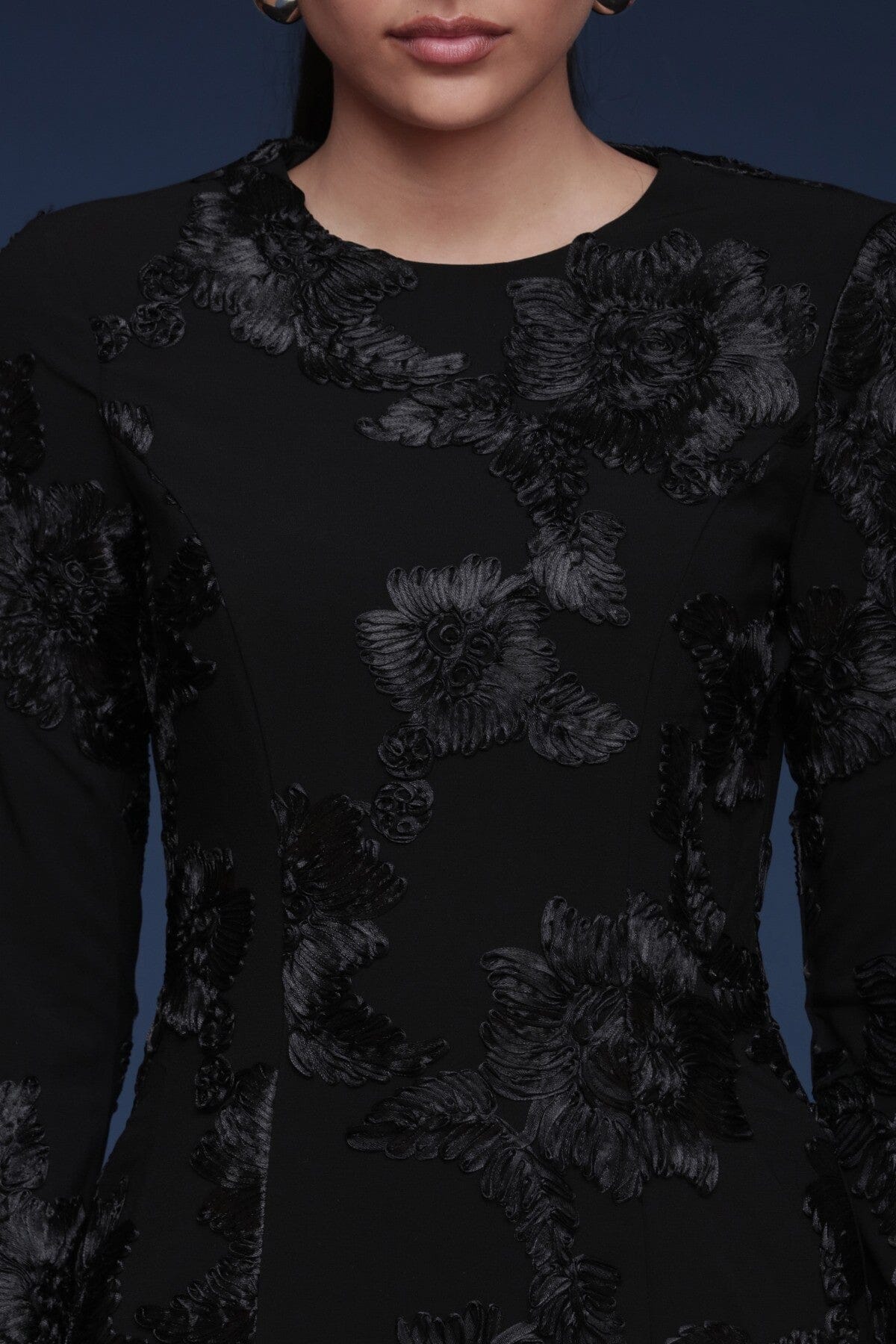 Contrast cuff embroidered black and white mini dress with long sleeves and all-over tonal floral embroidery - Shop designer mini dresses by Avec Les Filles